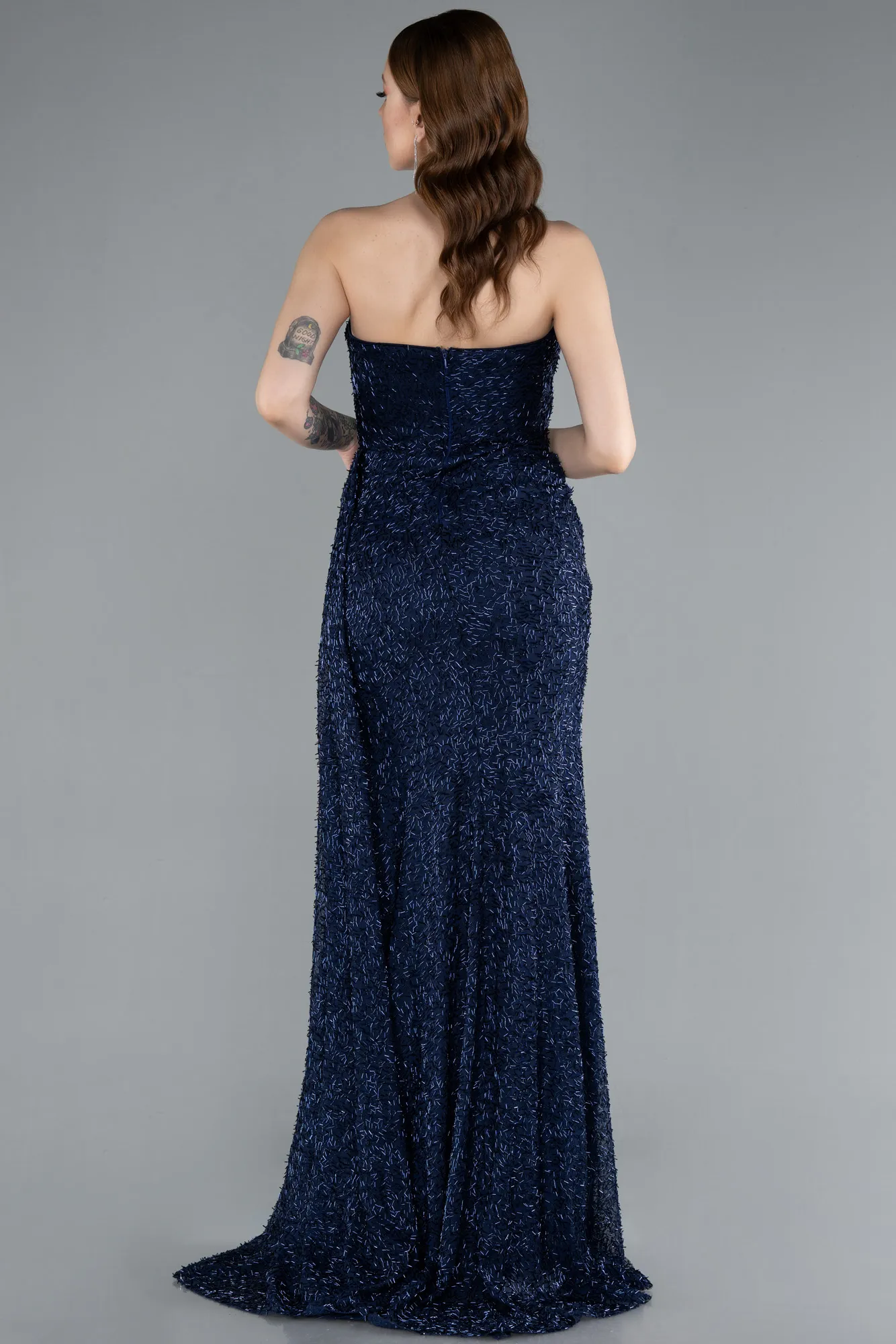 Navy Blue-Strapless Beaded Slit Long Evening Gown ABU4871