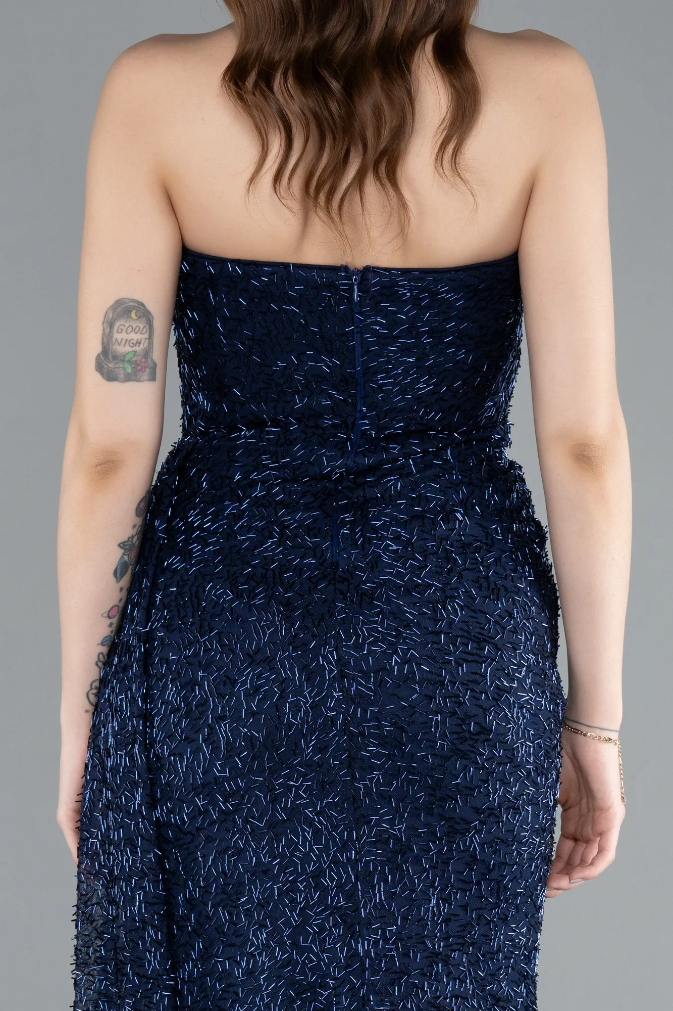 Navy Blue-Strapless Beaded Slit Long Evening Gown ABU4871