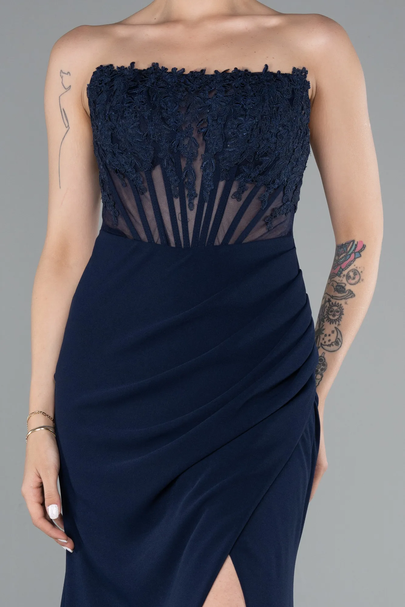 Navy Blue-Strapless Lace Appliqued Slit Long Evening Gown ABU5001