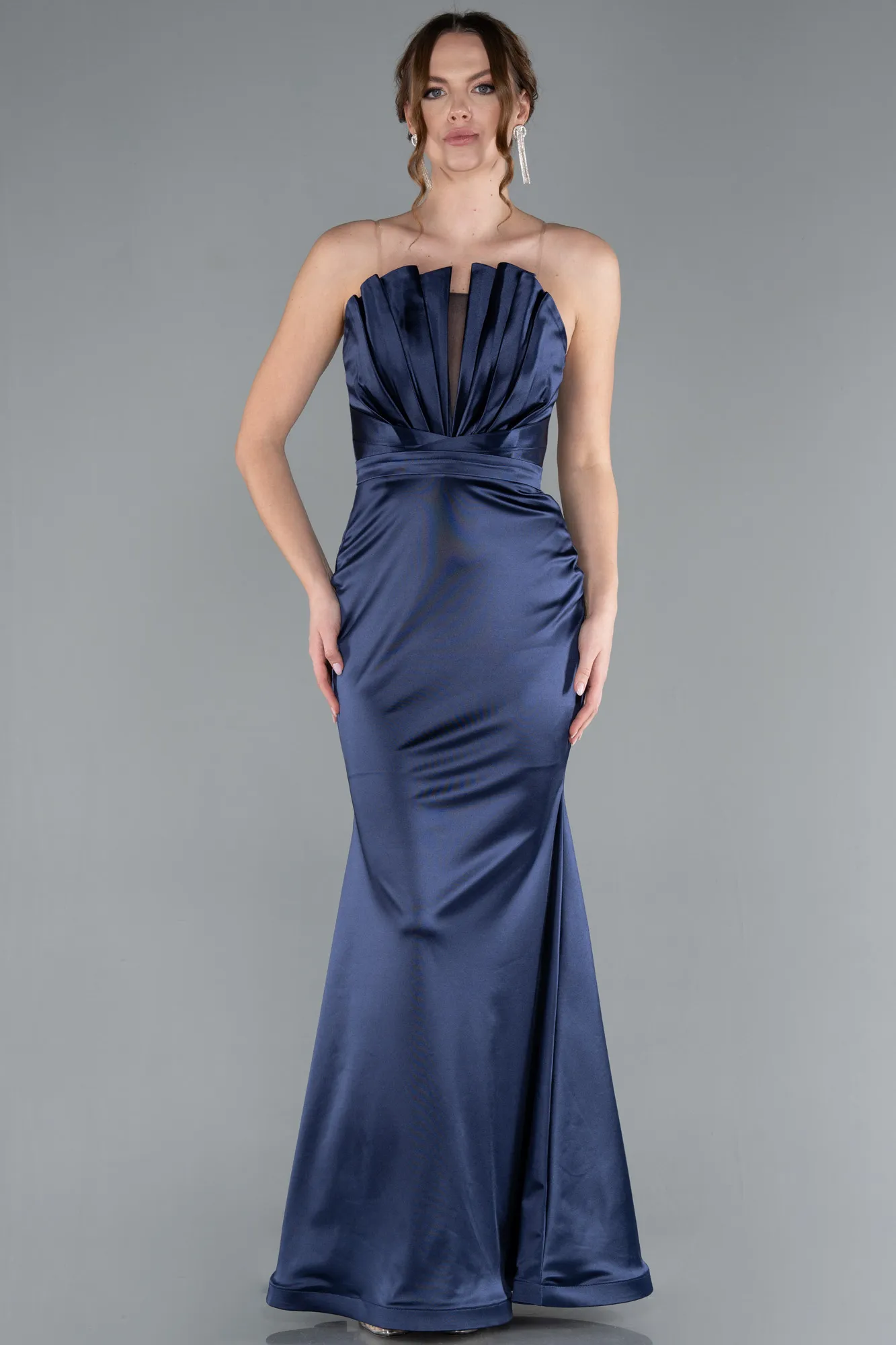 Navy Blue-Strapless Long Satin Mermaid Evening Dress ABU4770