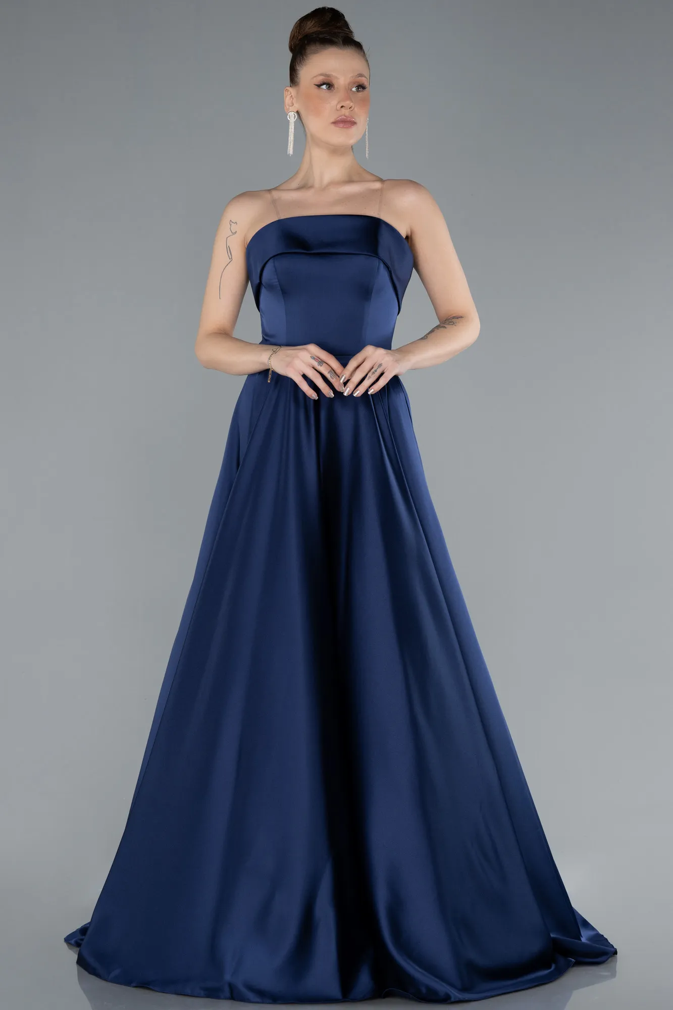 Navy Blue-Strapless Long Satin Prom Dress ABU4685