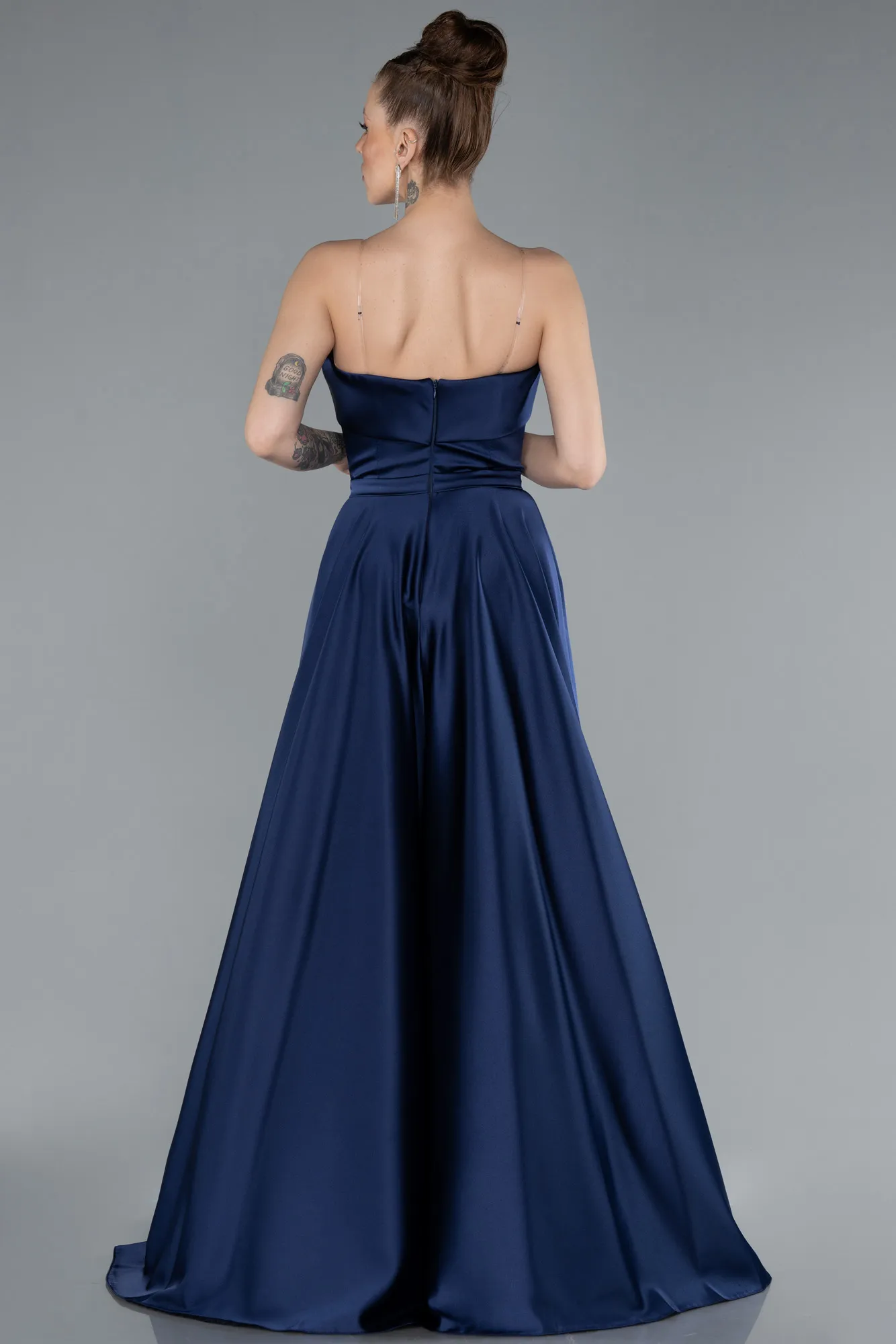 Navy Blue-Strapless Long Satin Prom Dress ABU4685