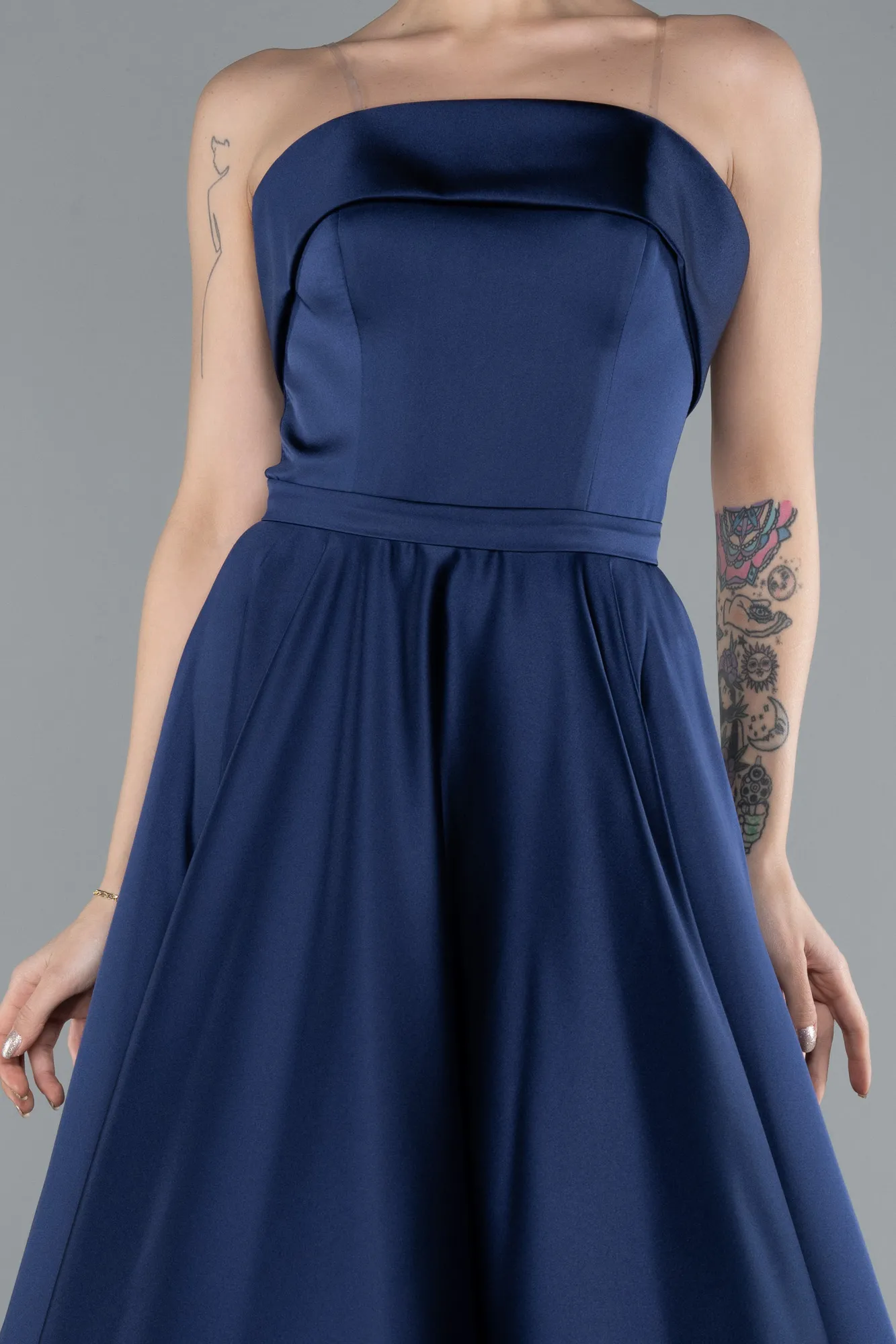 Navy Blue-Strapless Long Satin Prom Dress ABU4685