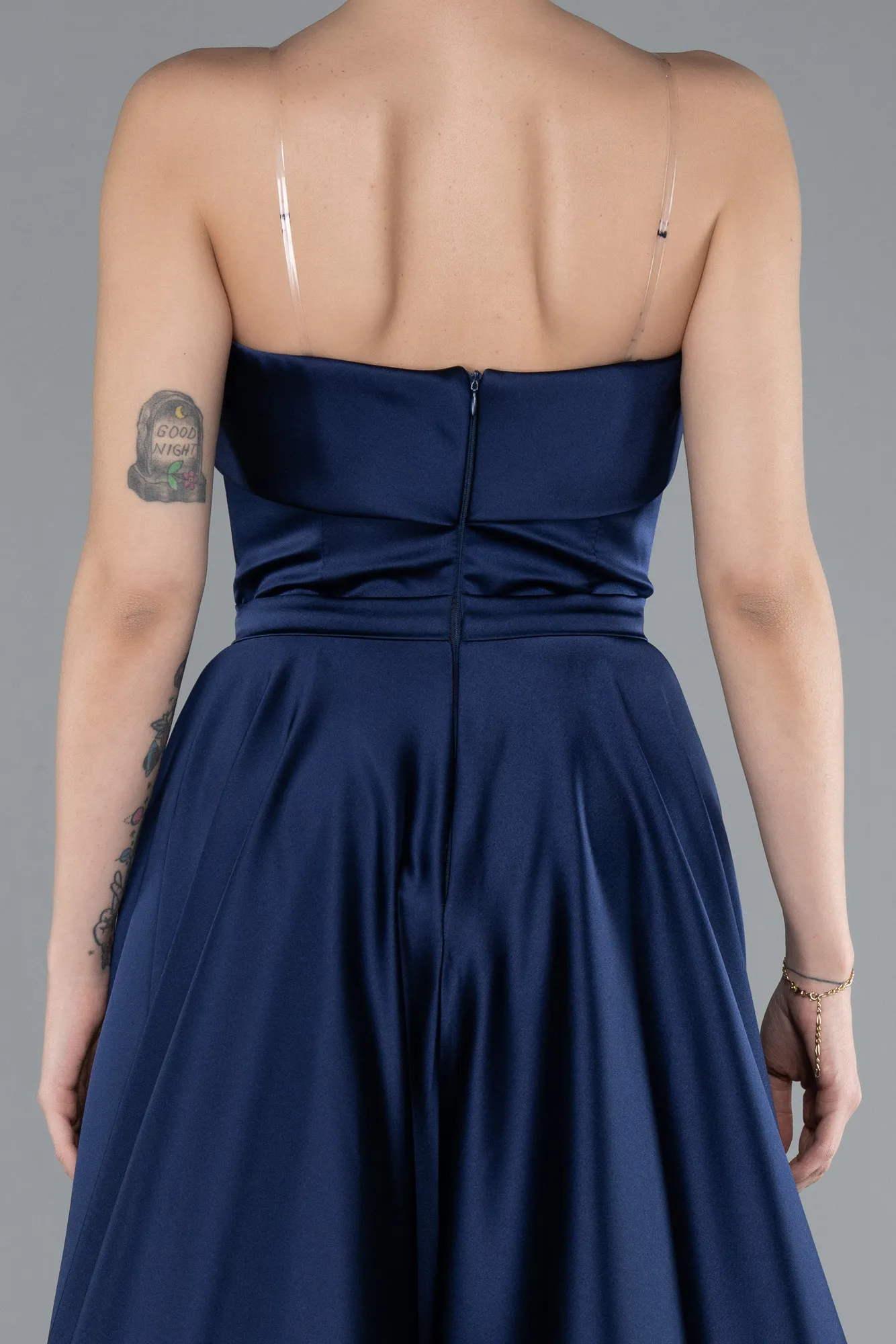 Navy Blue-Strapless Long Satin Prom Dress ABU4685