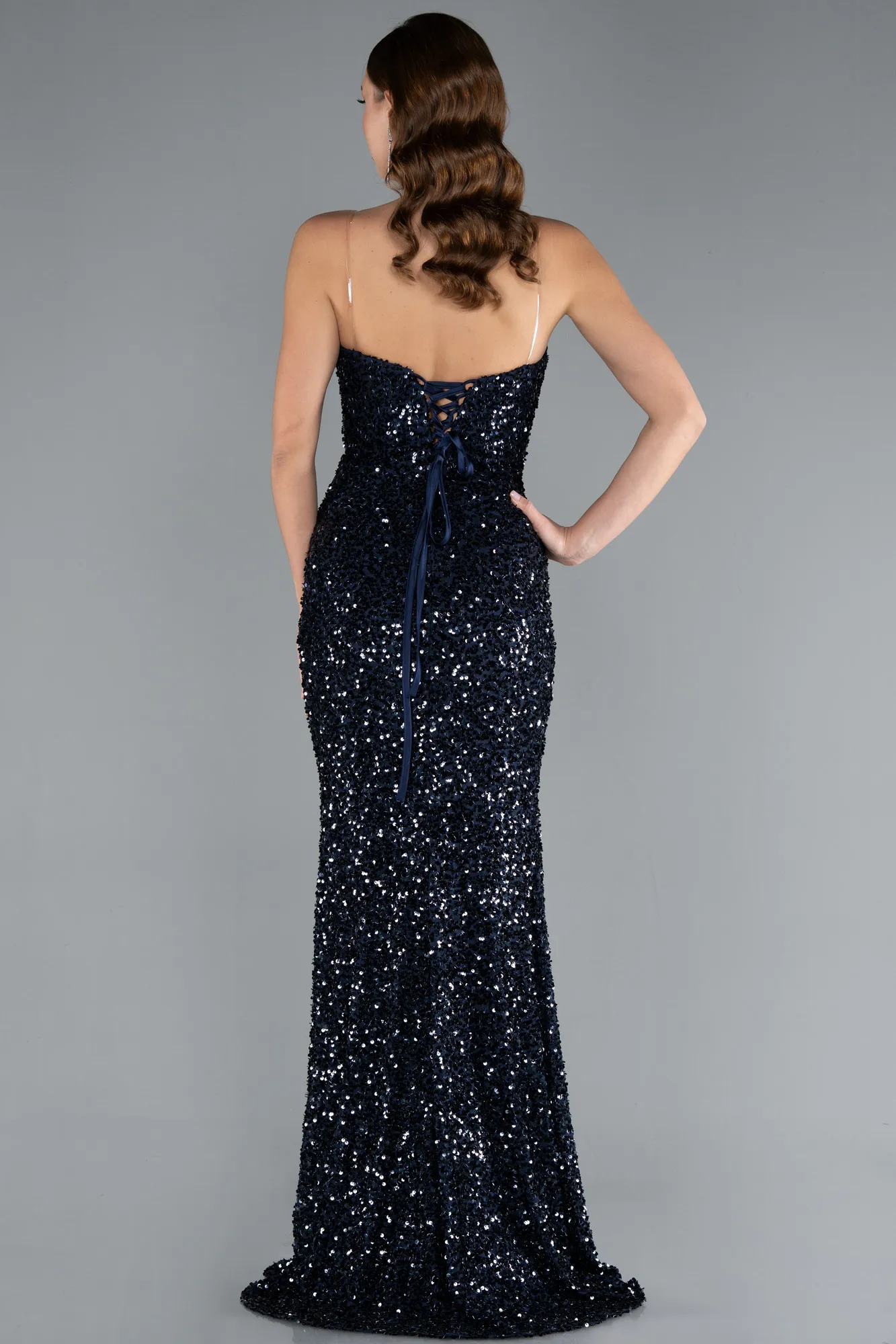 Navy Blue-Strapless Long Scaly Mermaid Evening Gown ABU4816