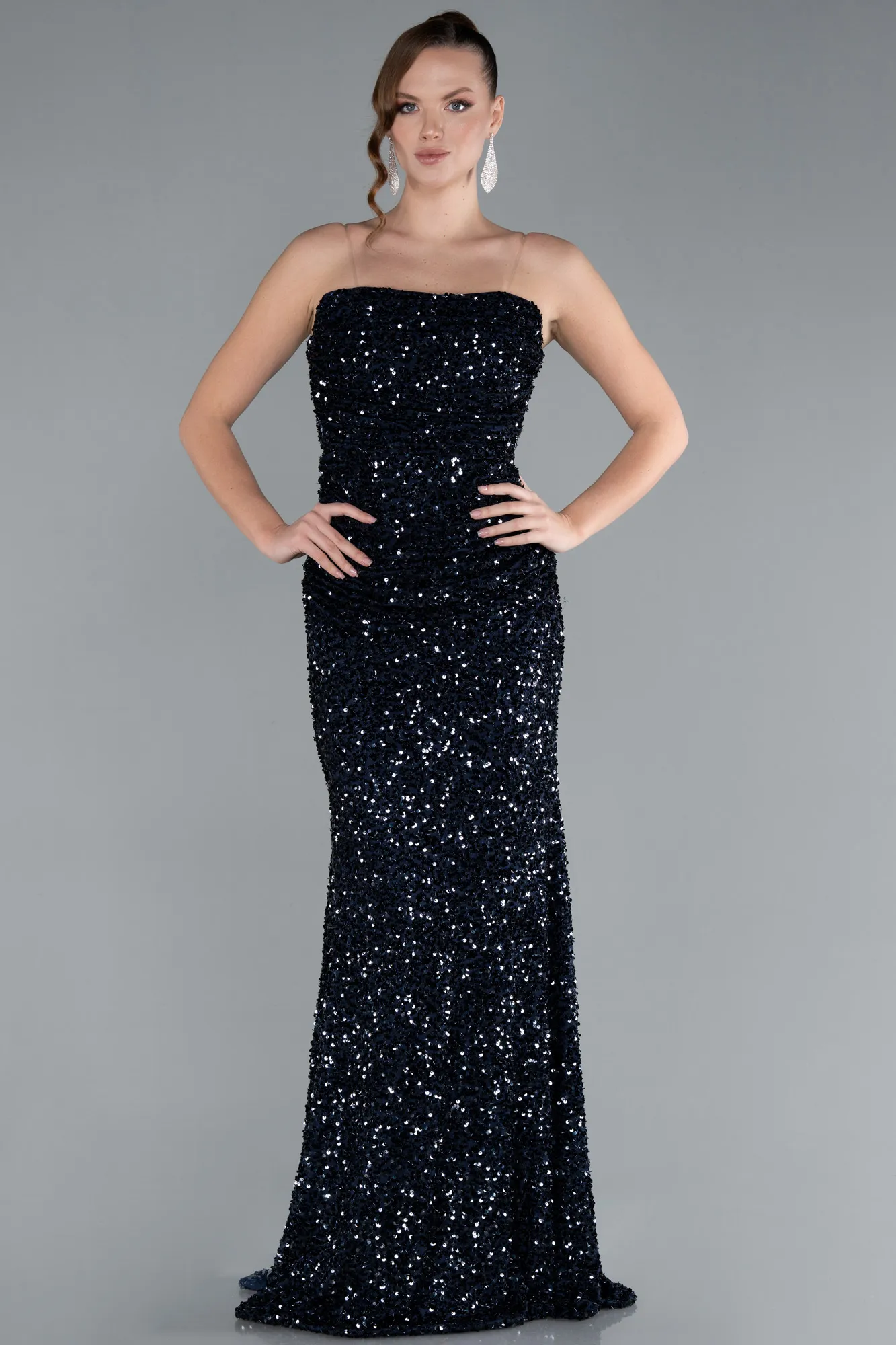 Navy Blue-Strapless Long Sequin Mermaid Evening Dress ABU4726