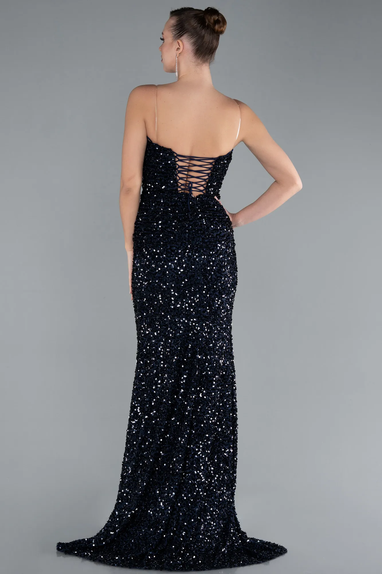 Navy Blue-Strapless Long Sequin Mermaid Evening Dress ABU4726
