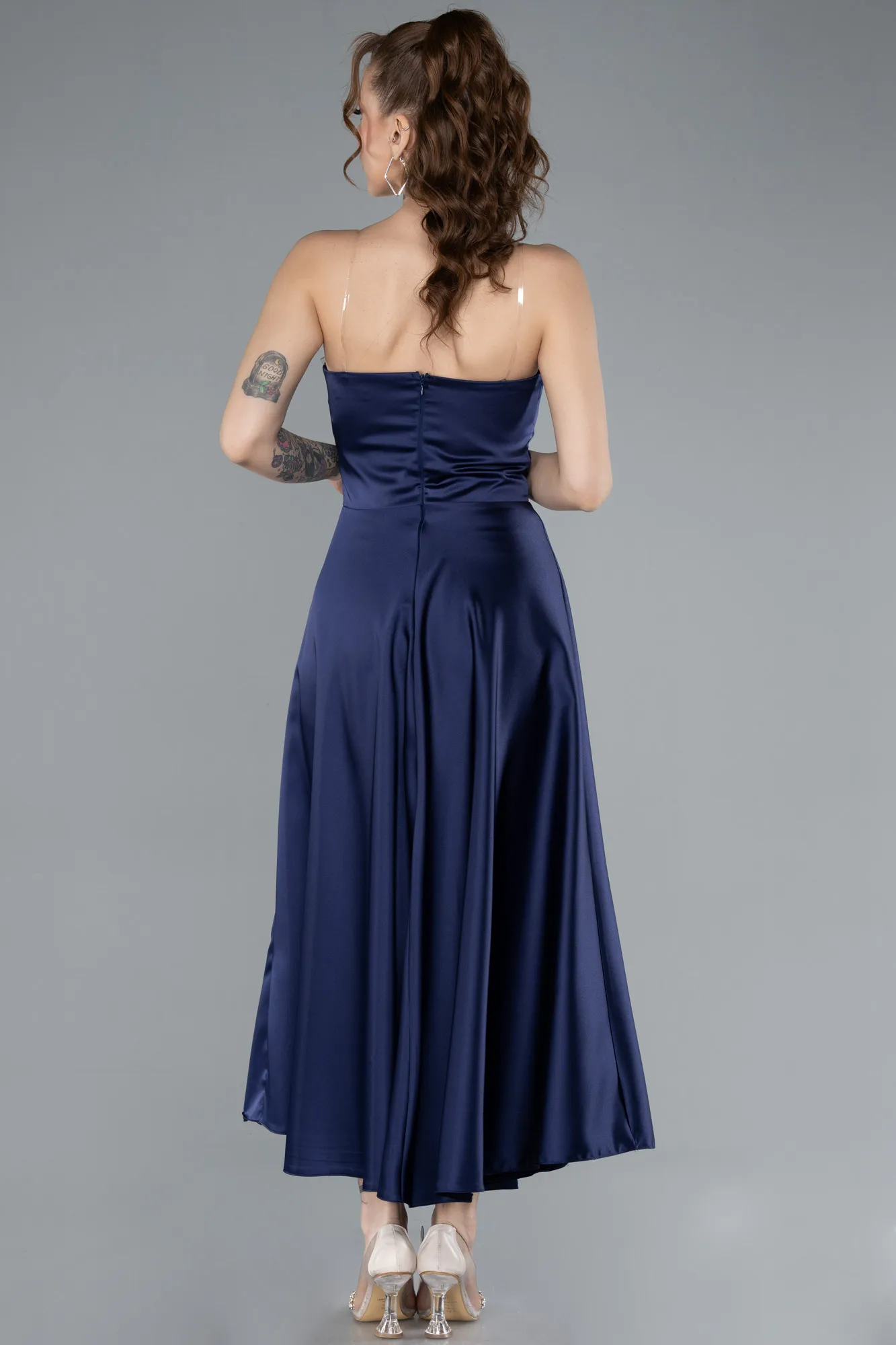 Navy Blue-Strapless Midi Satin Cocktail Dress ABK2275