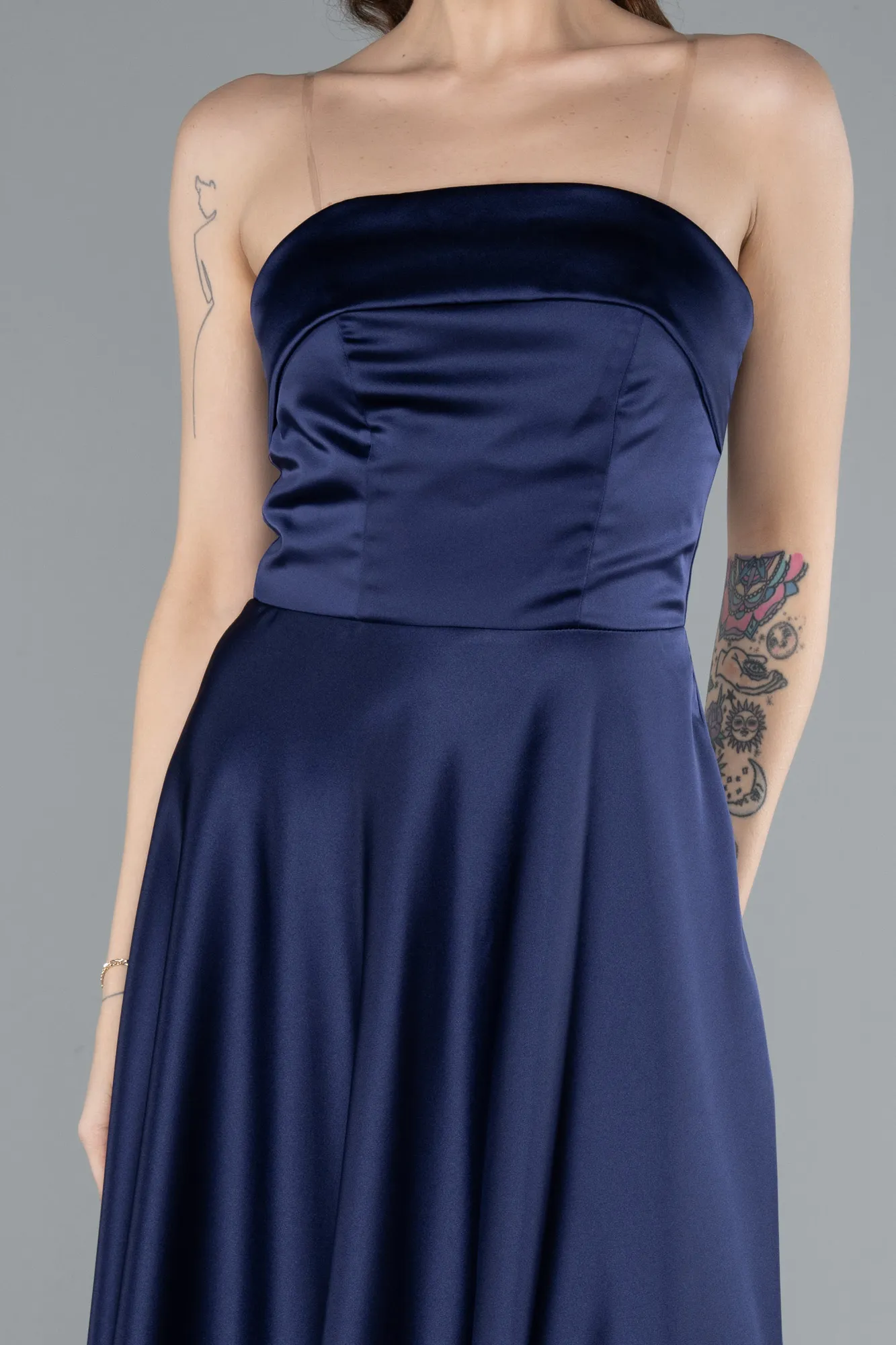 Navy Blue-Strapless Midi Satin Cocktail Dress ABK2275