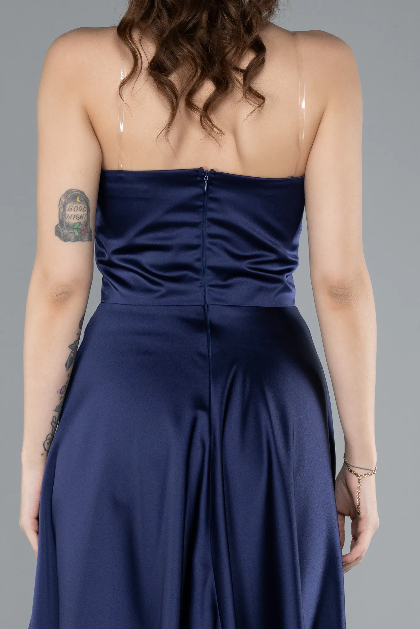 Navy Blue-Strapless Midi Satin Cocktail Dress ABK2275
