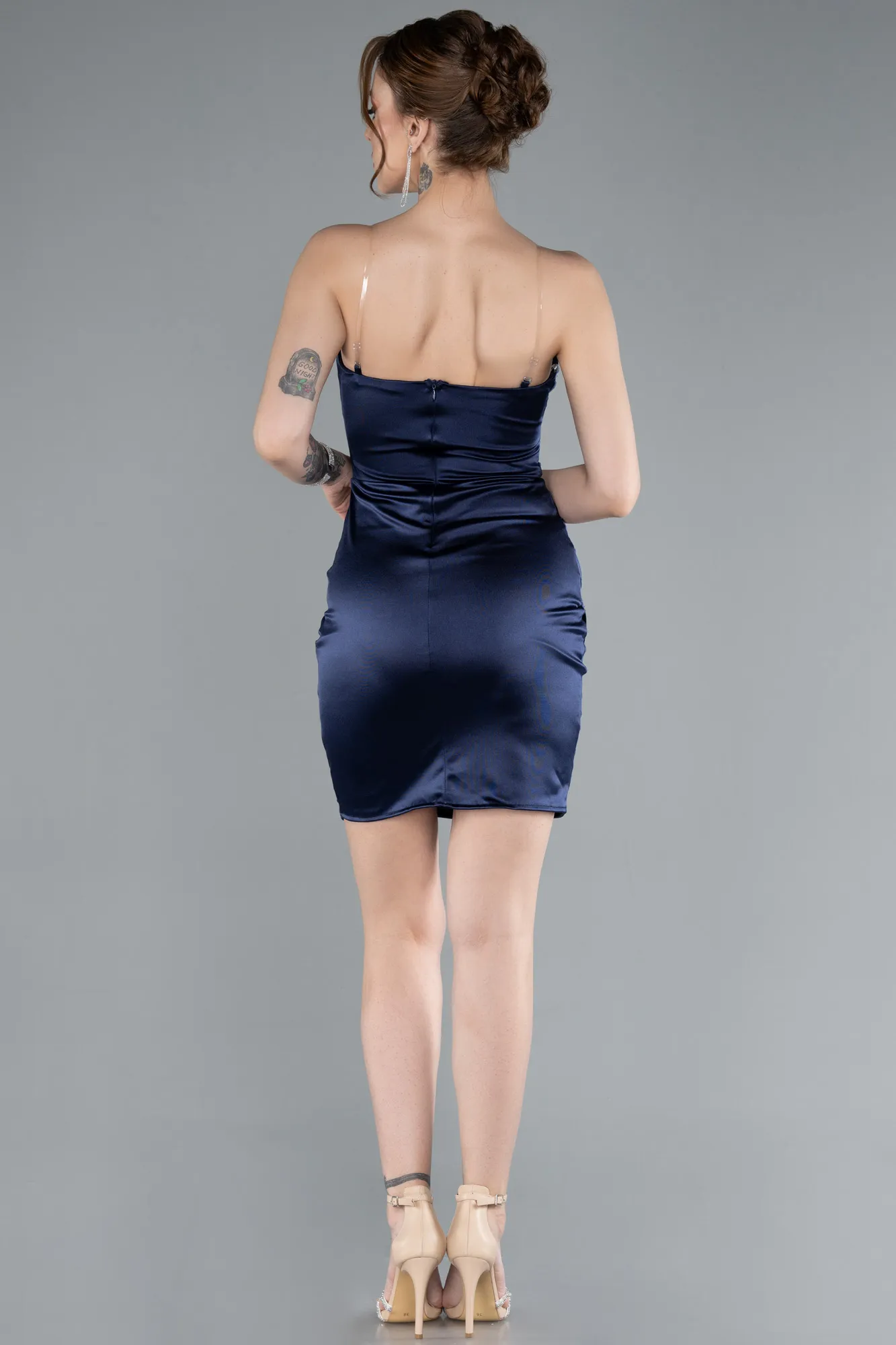 Navy Blue-Strapless Neck Mini Satin Party Dress ABK2289