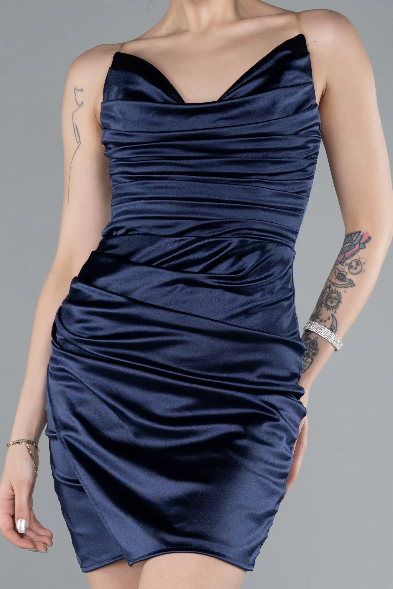 Navy Blue-Strapless Neck Mini Satin Party Dress ABK2289