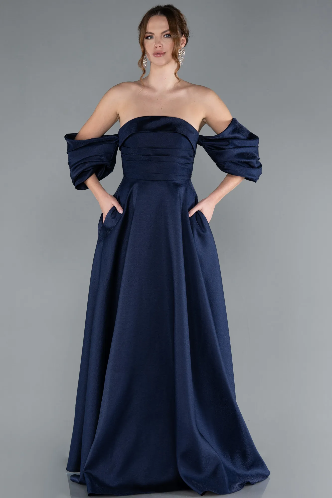 Navy Blue-Strapless Puff Sleeves Long Taffeta Prom Dress ABU4783