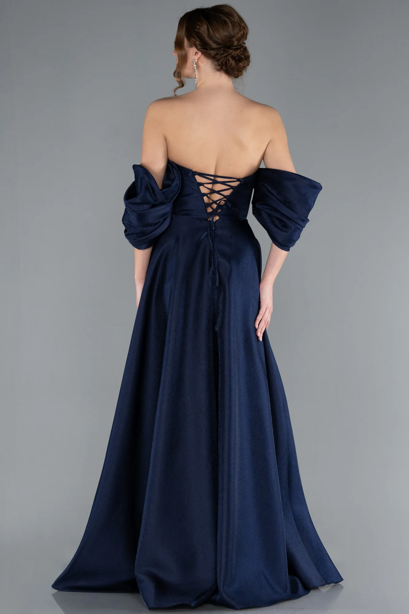 Navy Blue-Strapless Puff Sleeves Long Taffeta Prom Dress ABU4783