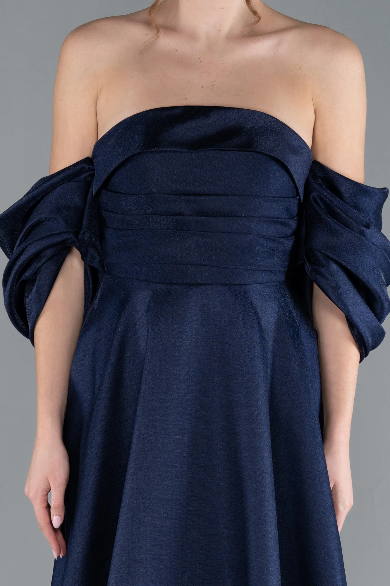 Navy Blue-Strapless Puff Sleeves Long Taffeta Prom Dress ABU4783