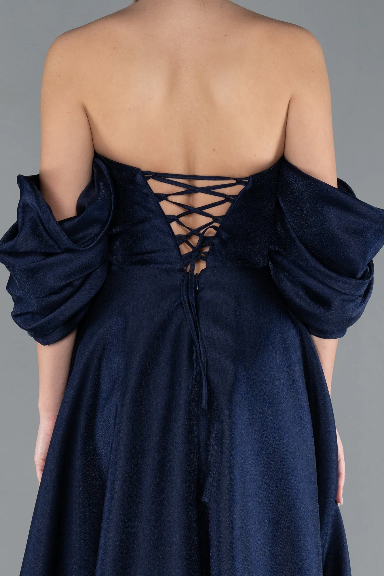 Navy Blue-Strapless Puff Sleeves Long Taffeta Prom Dress ABU4783