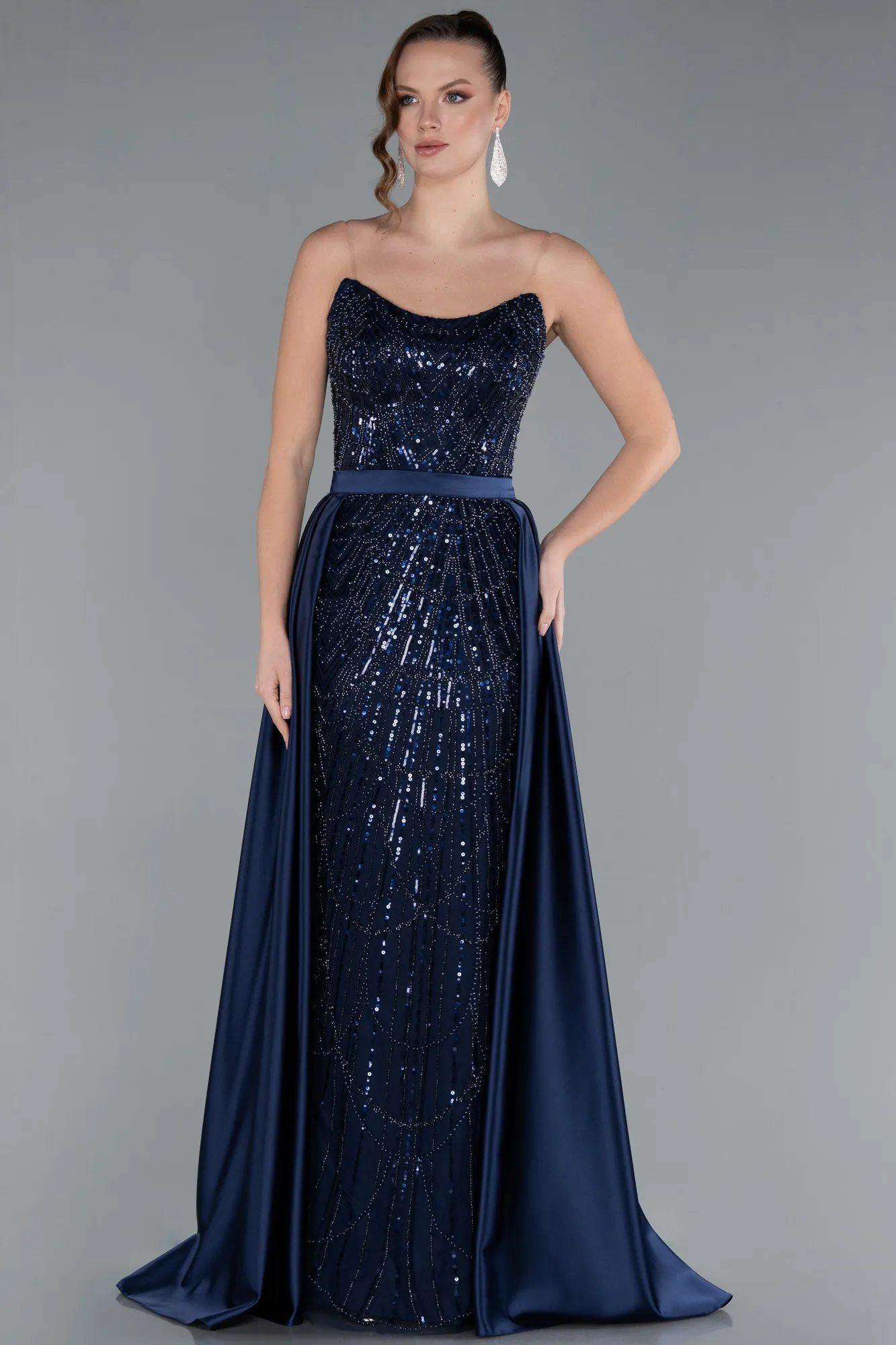 Navy Blue-Strapless Satin Tail Long Beaded Evening Gown ABU4745