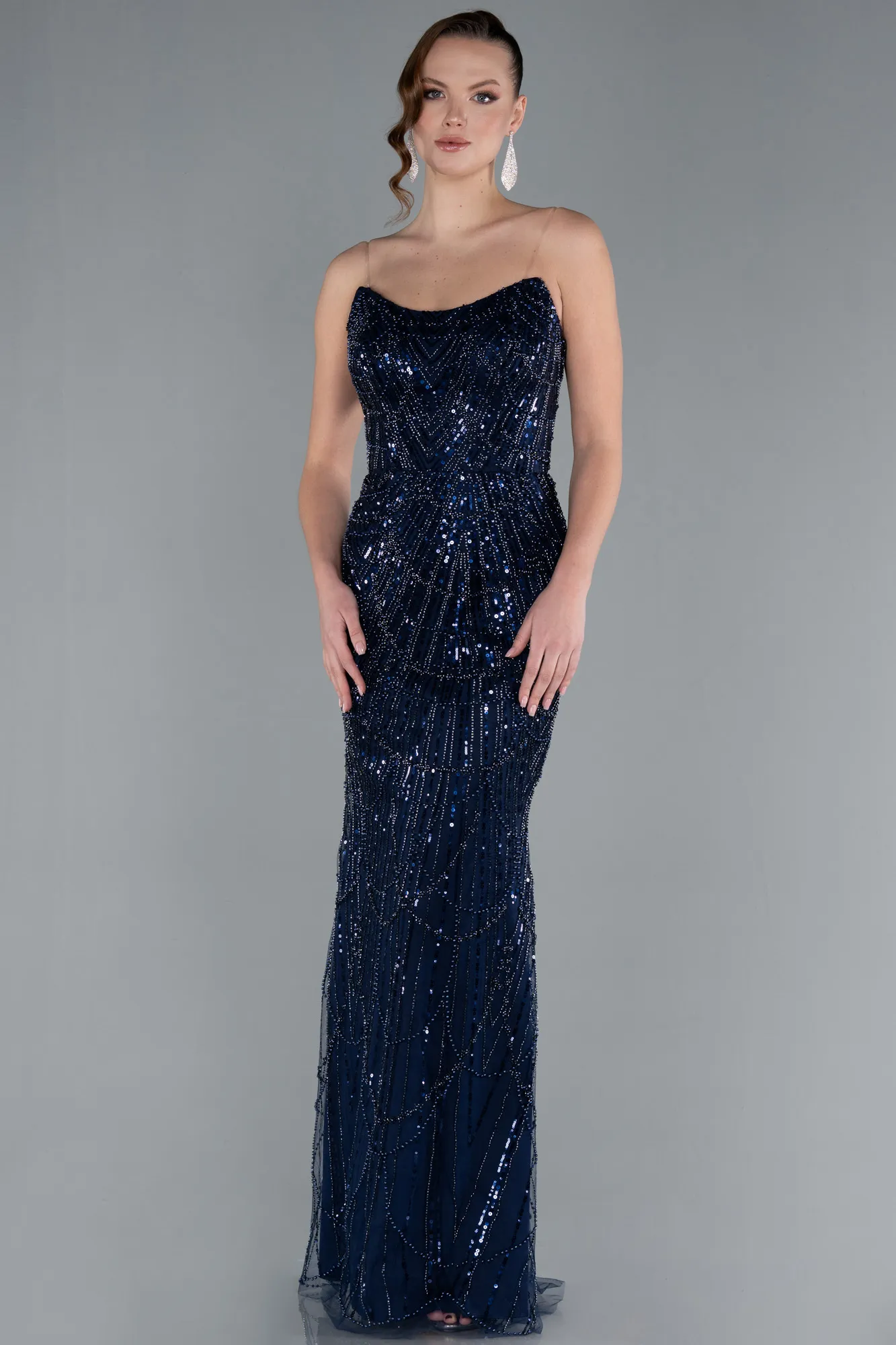 Navy Blue-Strapless Satin Tail Long Beaded Evening Gown ABU4745