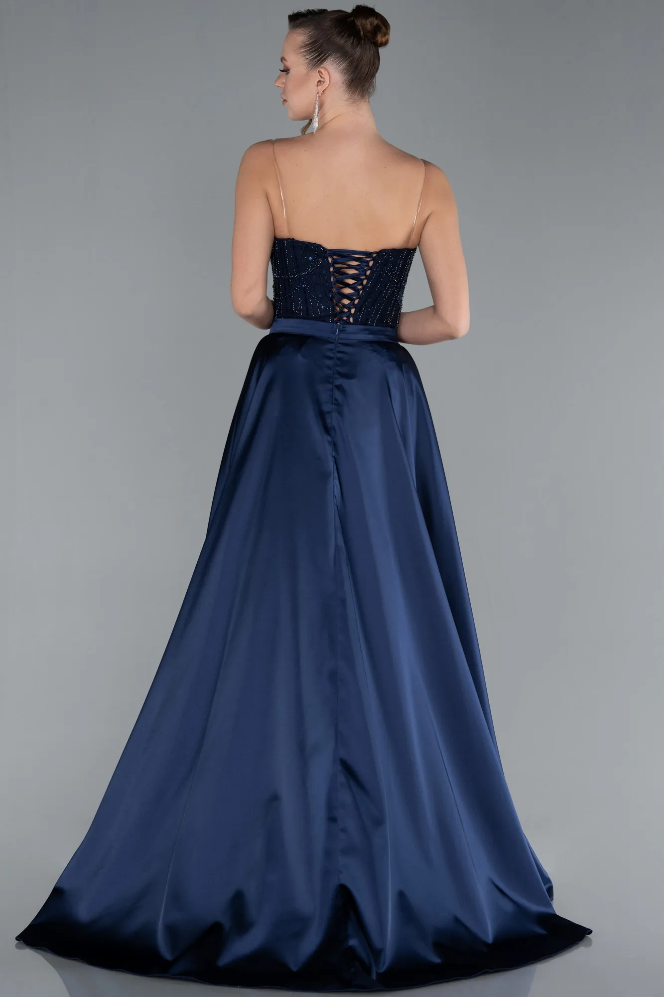 Navy Blue-Strapless Satin Tail Long Beaded Evening Gown ABU4745