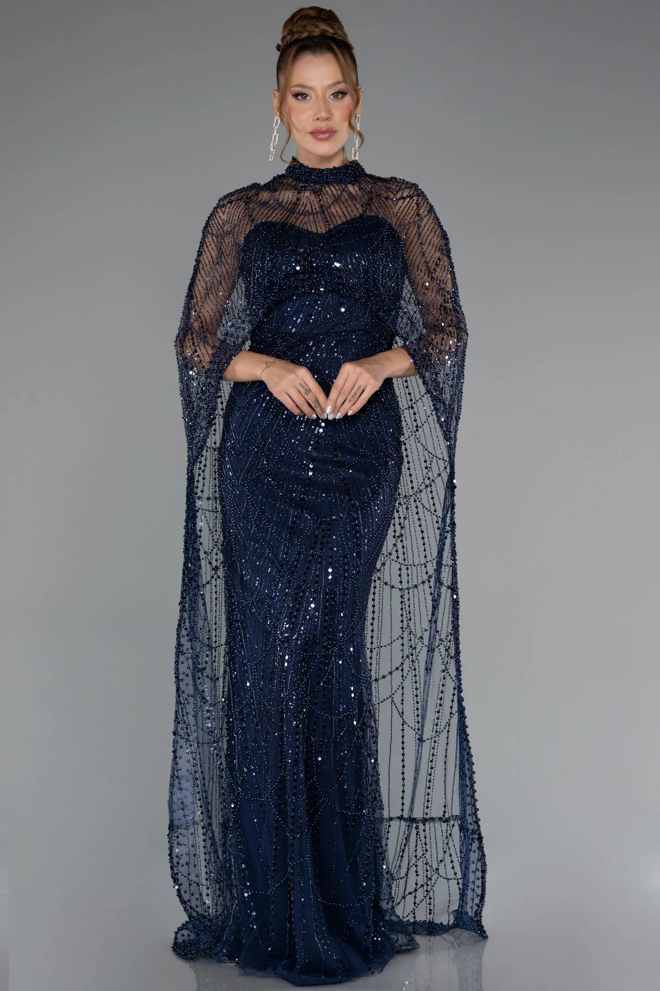 Navy Blue-Strapless Shawl Stoned Long Evening Gown ABU4517