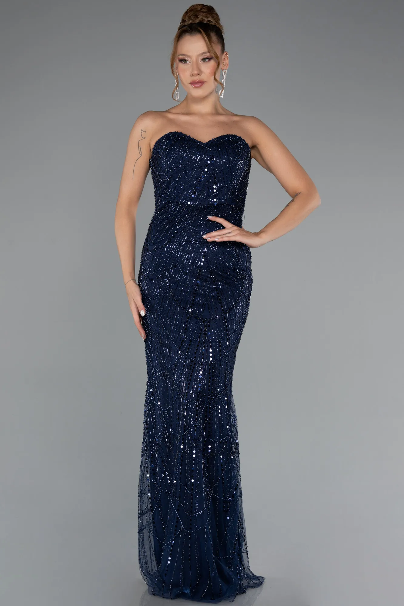 Navy Blue-Strapless Shawl Stoned Long Evening Gown ABU4517