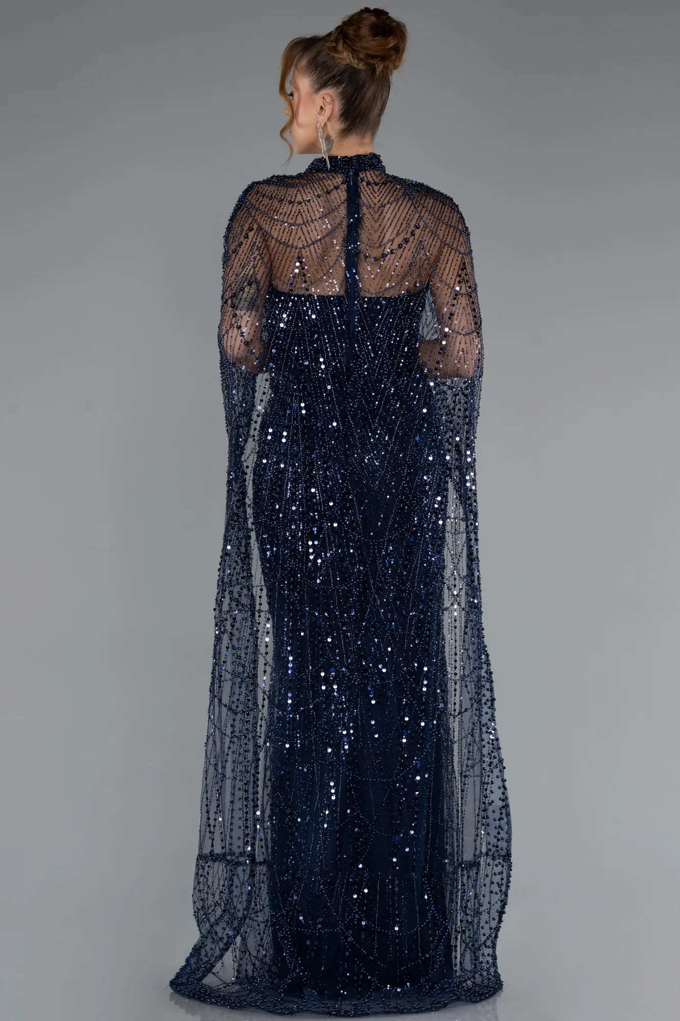Navy Blue-Strapless Shawl Stoned Long Evening Gown ABU4517
