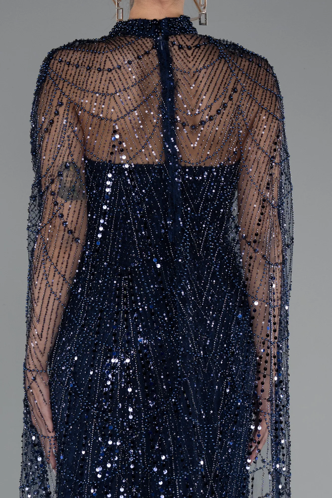 Navy Blue-Strapless Shawl Stoned Long Evening Gown ABU4517