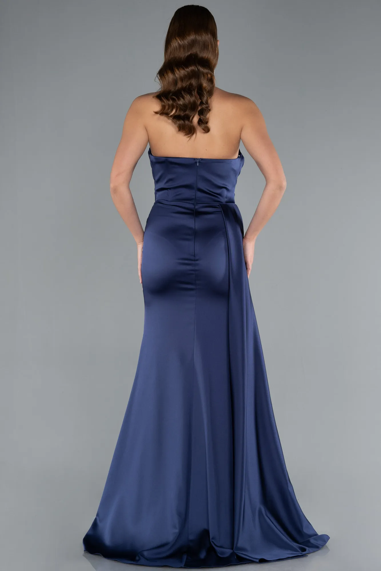 Navy Blue-Strapless Side Slit Satin Evening Gown ABU4841
