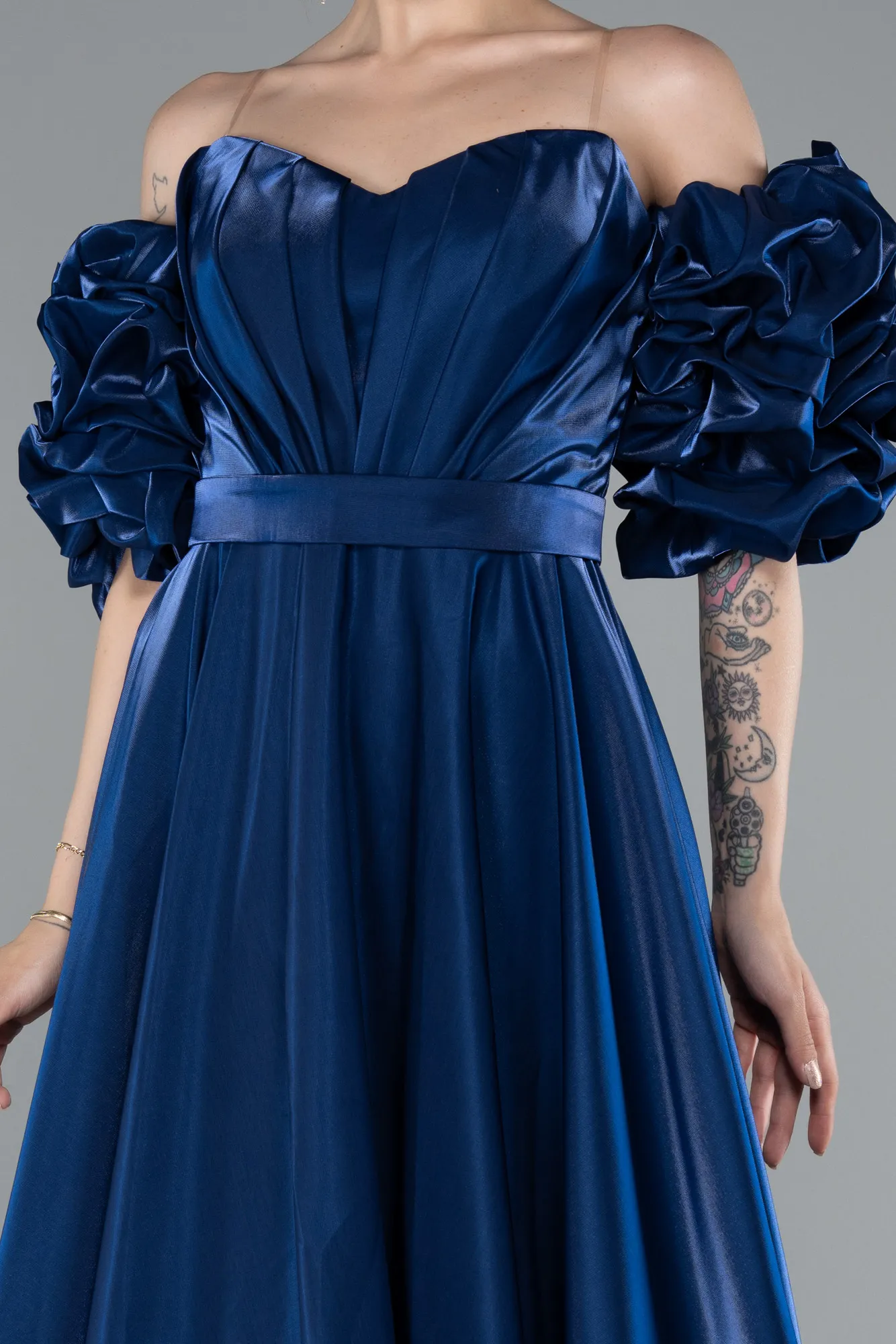 Navy Blue-Strapless Sleeve Accessorized Long Taffeta Prom Dress ABU4845