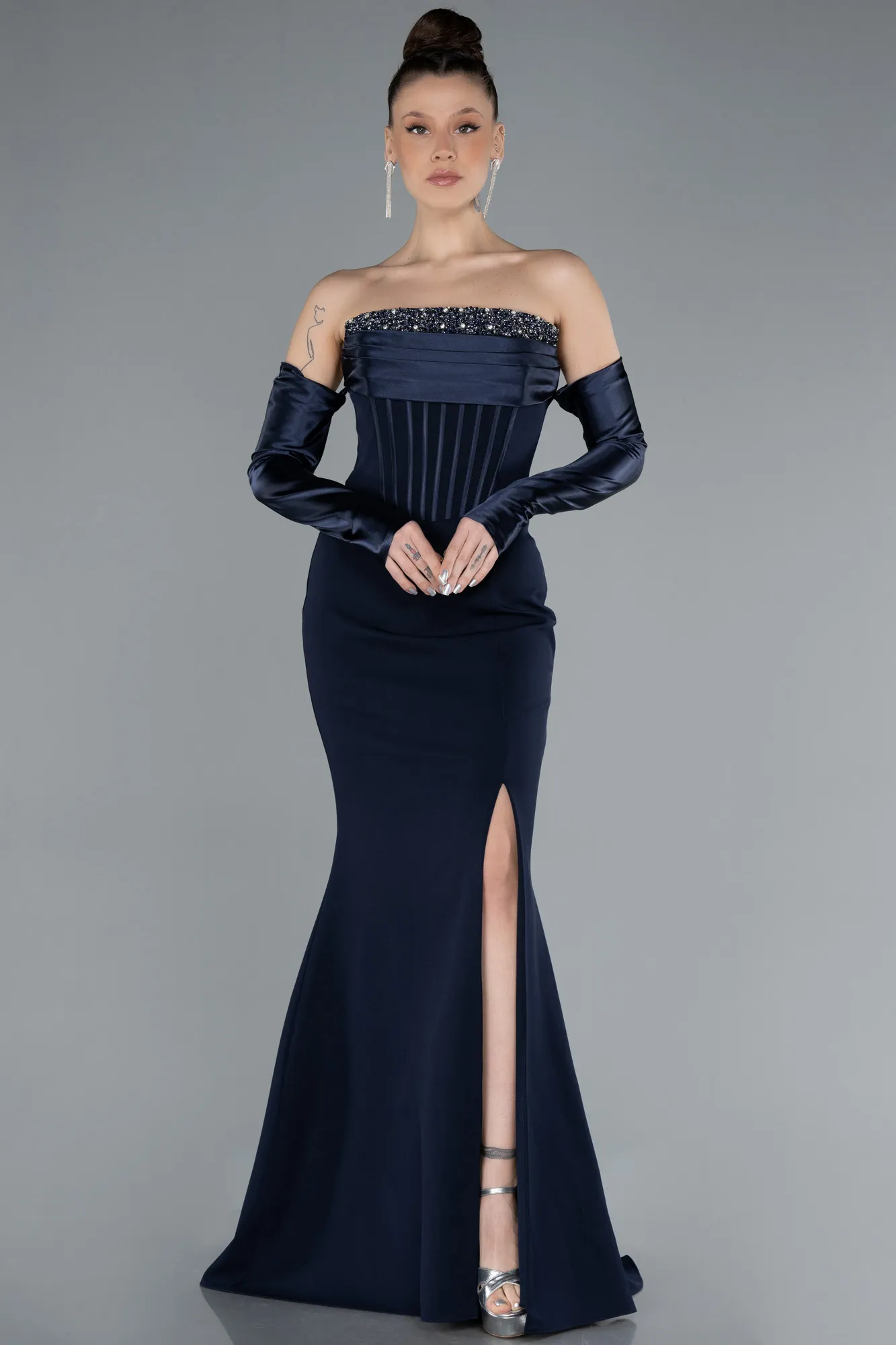 Navy Blue-Strapless Sleeve Accessory Slit Mermaid Prom Dress ABU4637