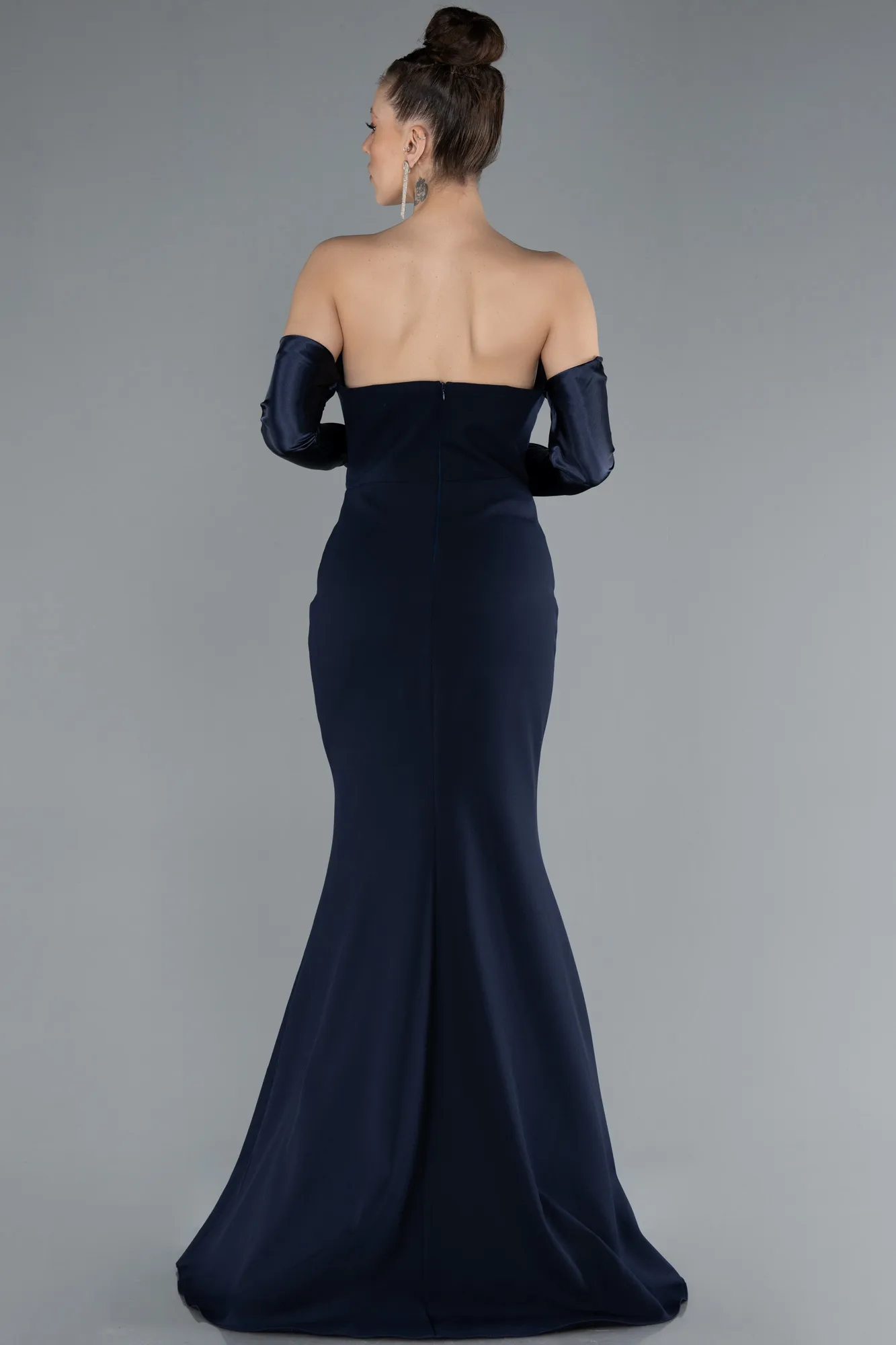 Navy Blue-Strapless Sleeve Accessory Slit Mermaid Prom Dress ABU4637