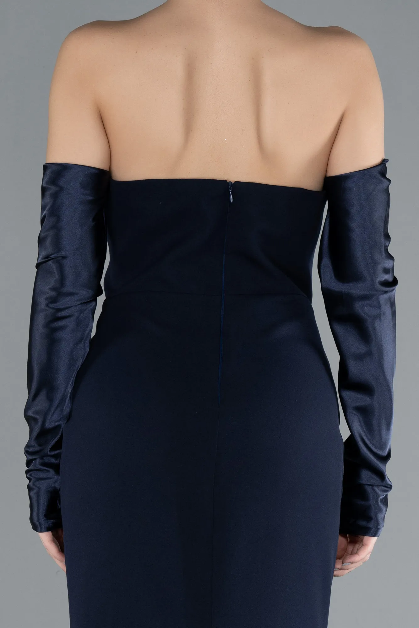 Navy Blue-Strapless Sleeve Accessory Slit Mermaid Prom Dress ABU4637