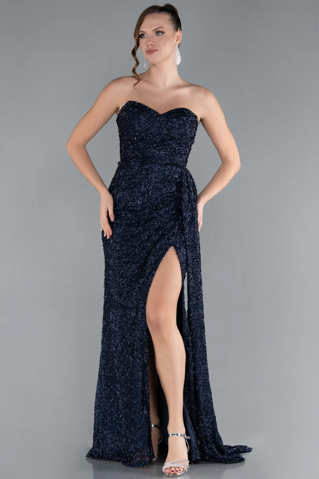 Navy Blue-Strapless Slit Long Beaded Evening Gown ABU4725