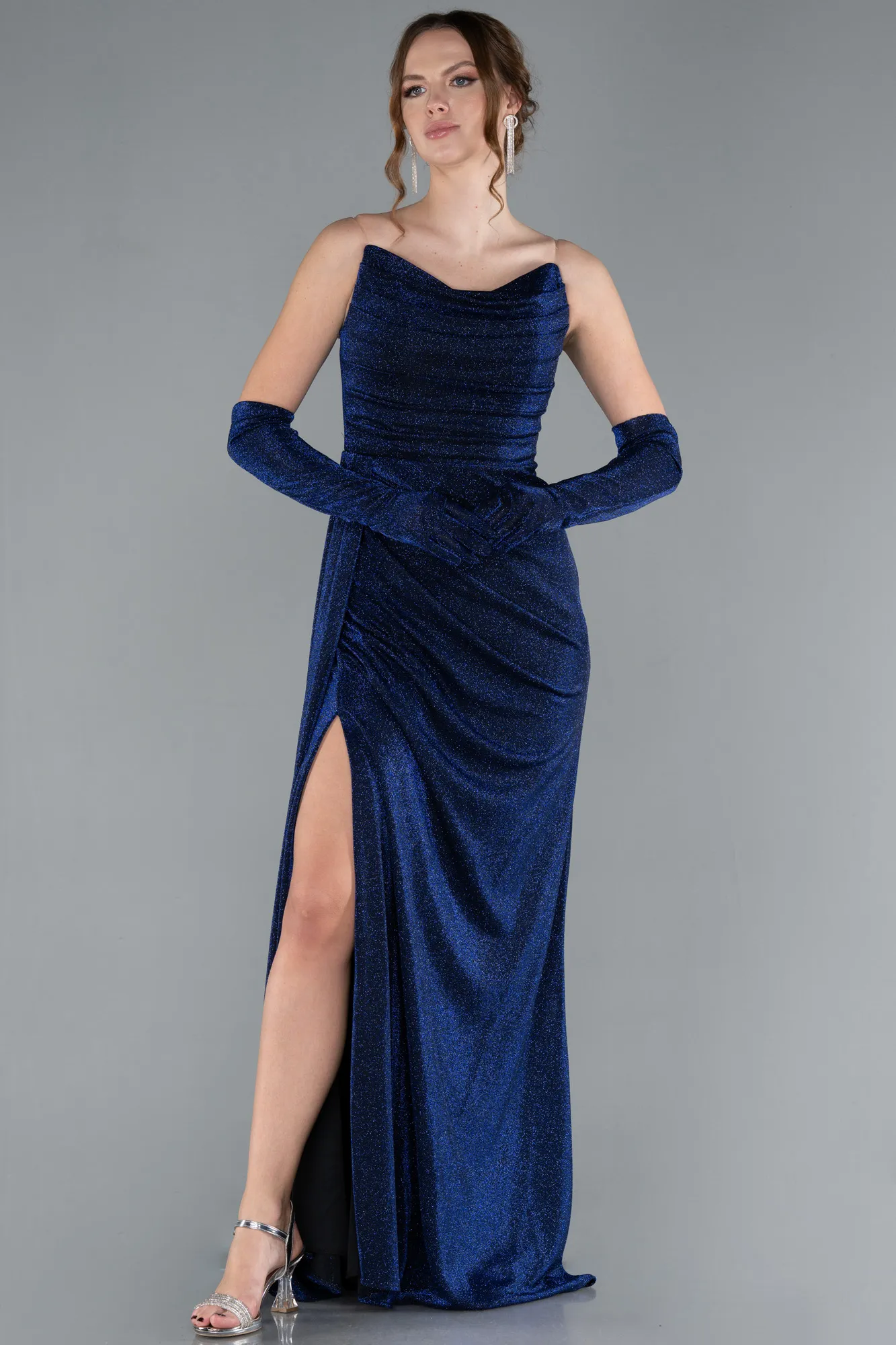 Navy Blue-Strapless Slit Long Glitter Gloves Evening Dress ABU4768