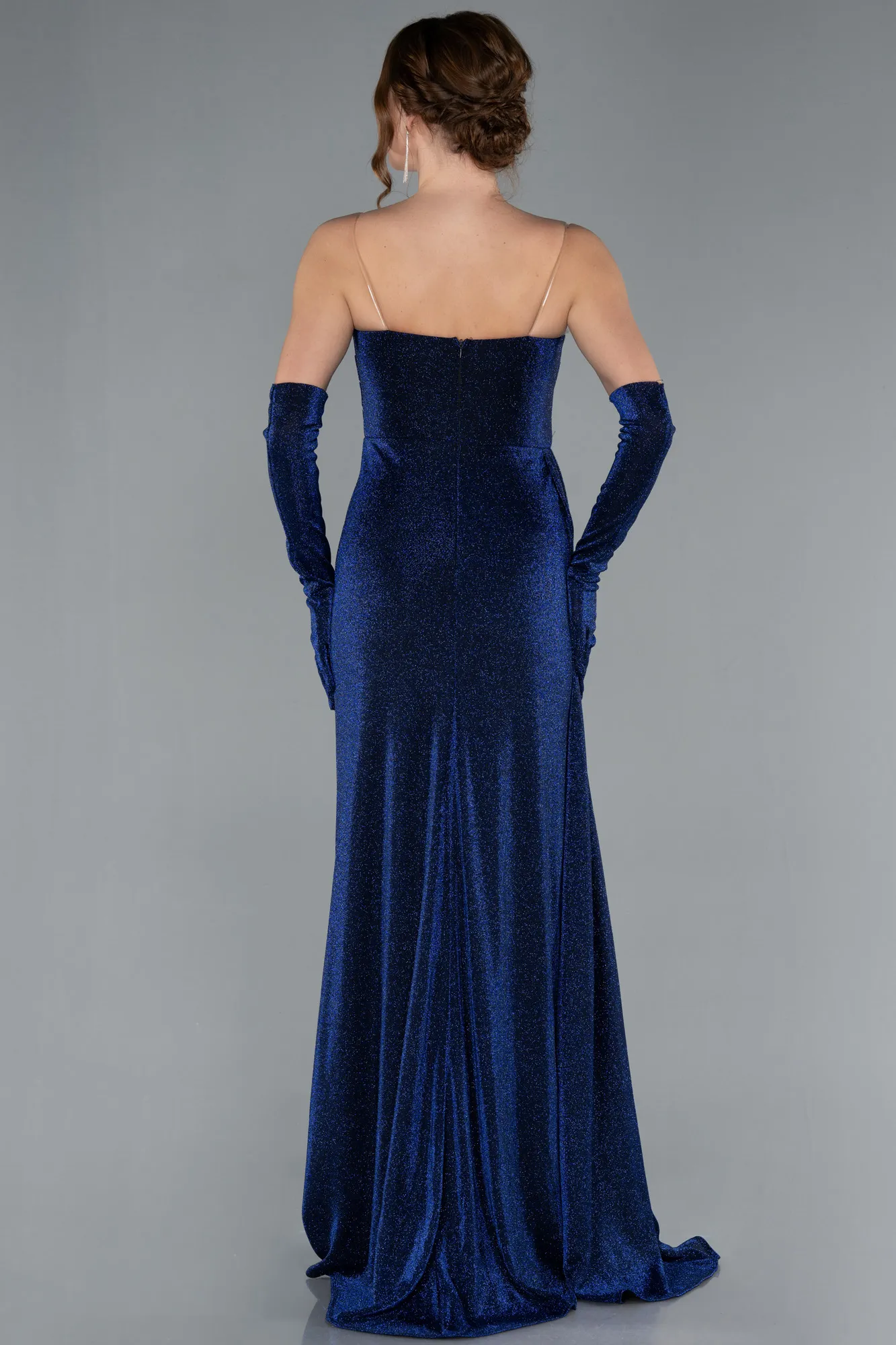 Navy Blue-Strapless Slit Long Glitter Gloves Evening Dress ABU4768