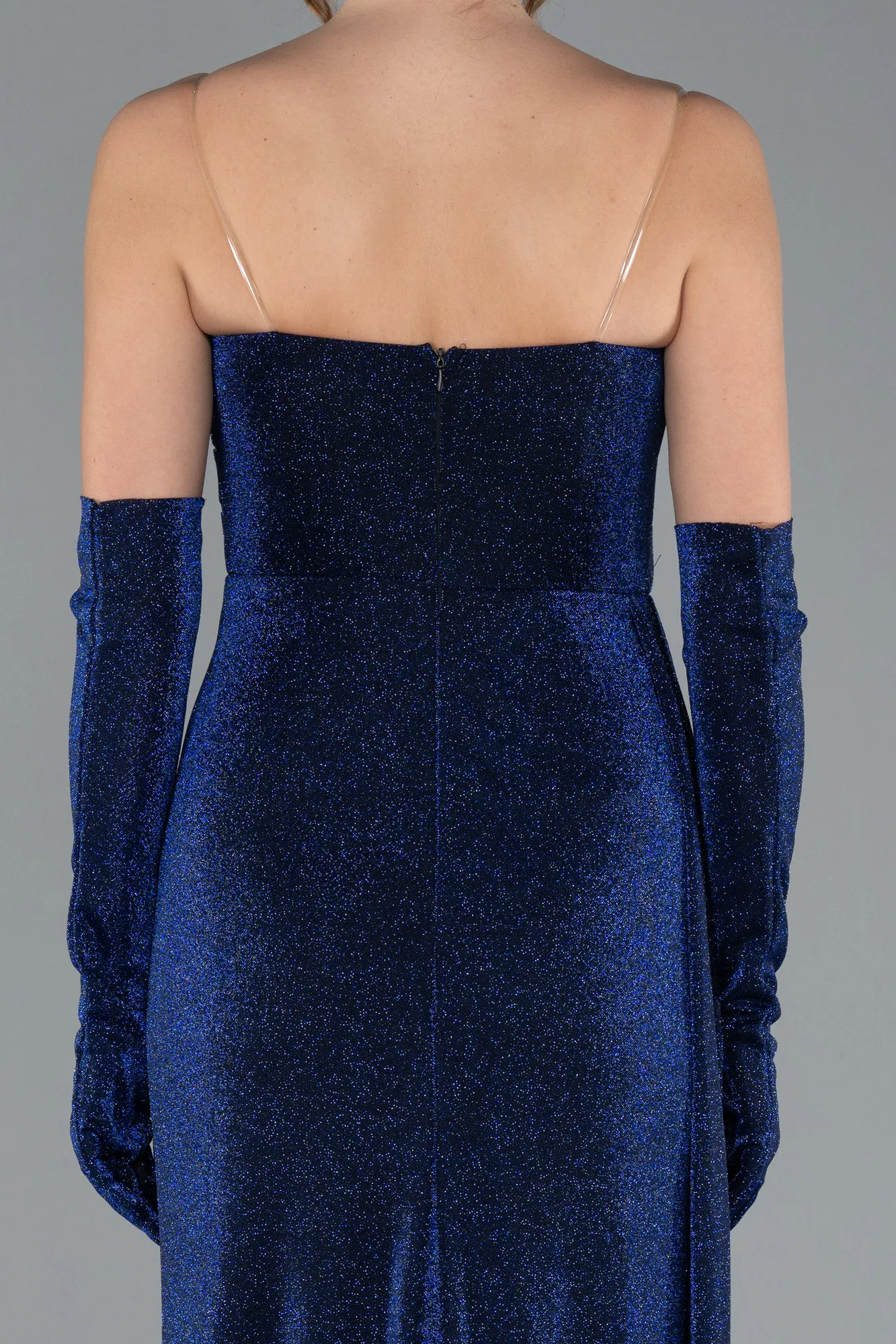 Navy Blue-Strapless Slit Long Glitter Gloves Evening Dress ABU4768