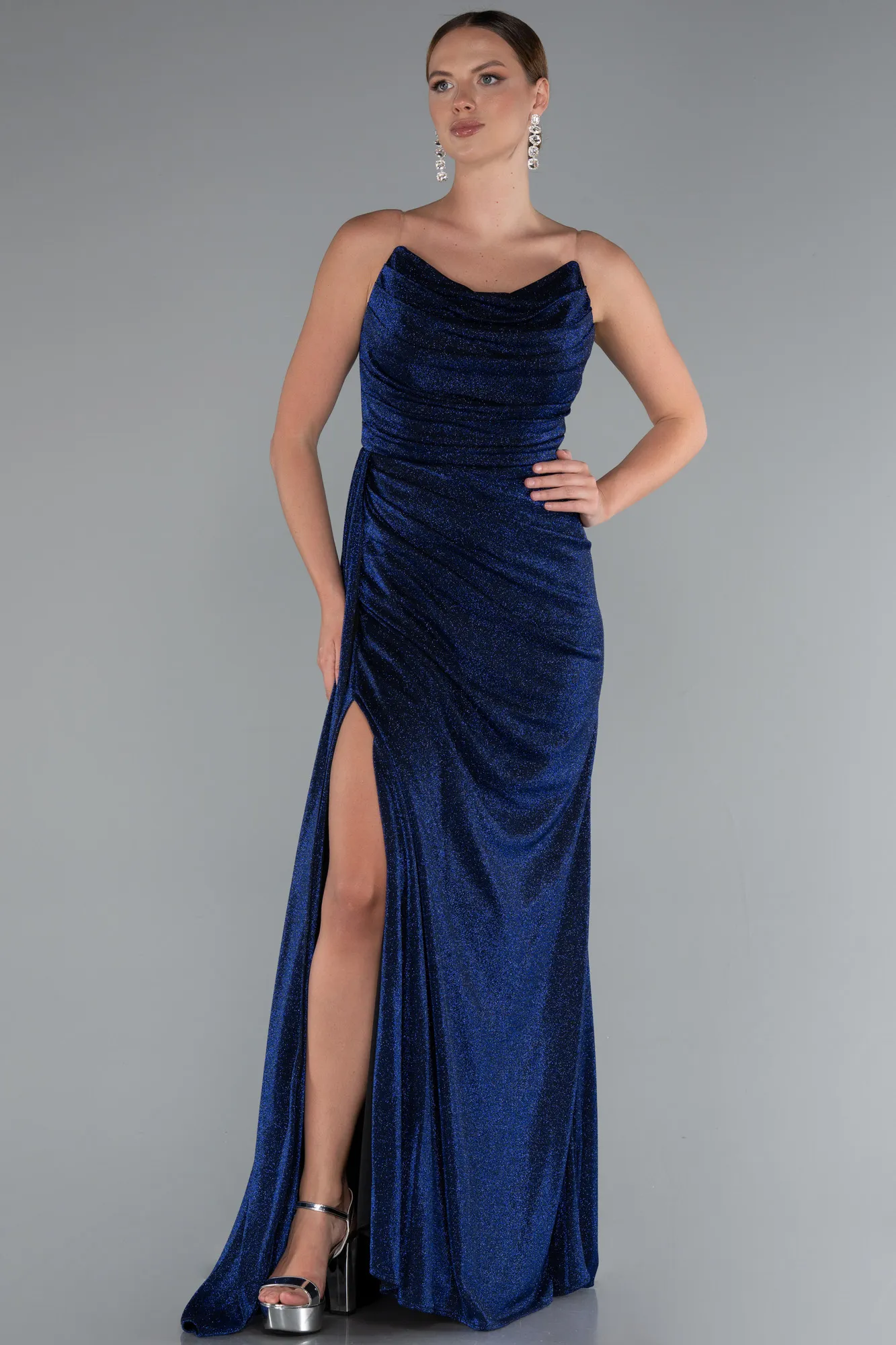 Navy Blue-Strapless Slit Long Glitter Gloves Plus Size Evening Dress ABU4769