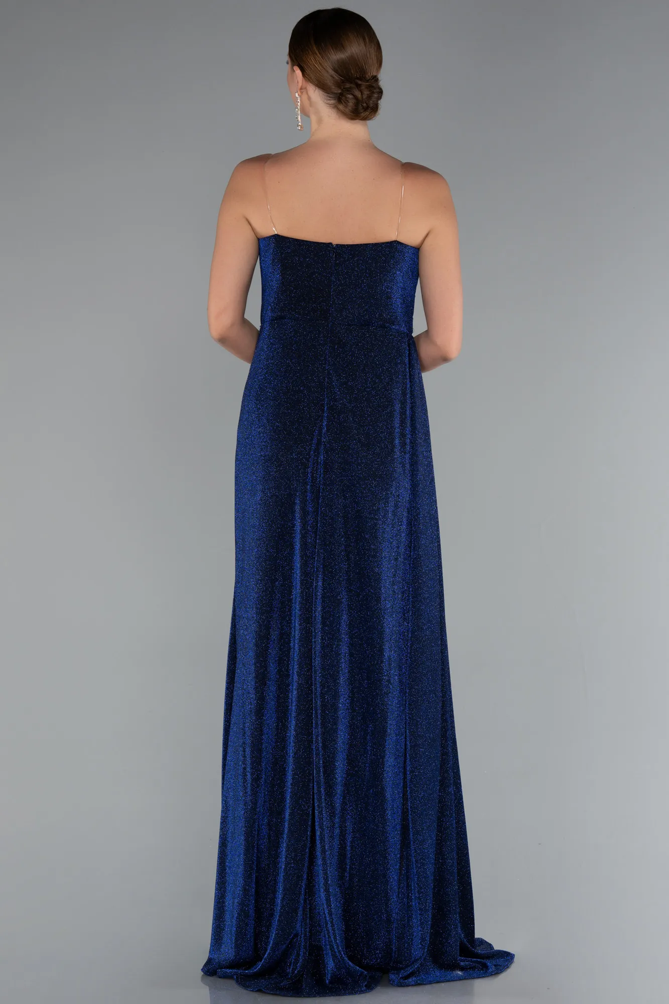 Navy Blue-Strapless Slit Long Glitter Gloves Plus Size Evening Dress ABU4769