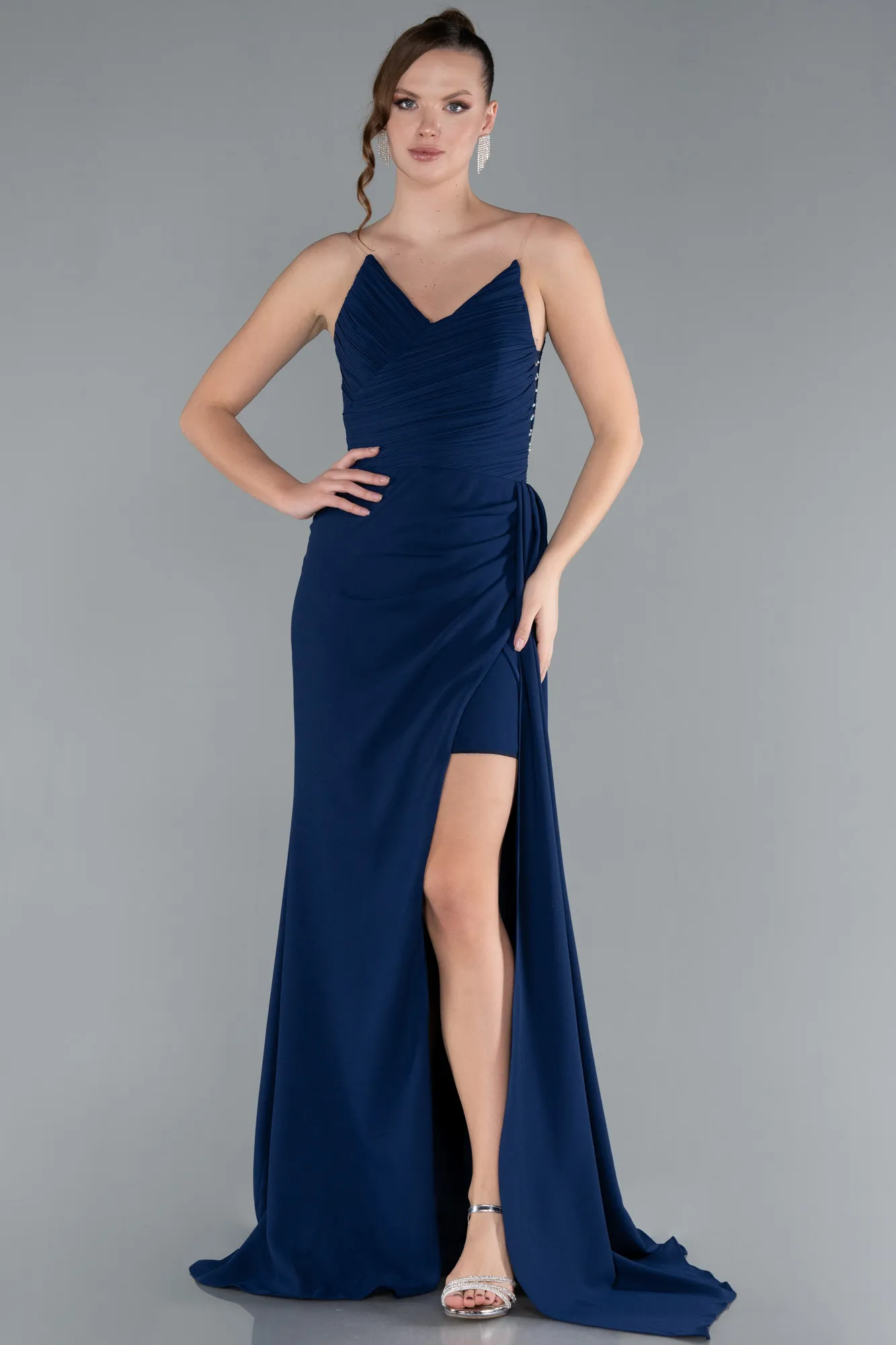 Navy Blue-Strapless Slit Long Prom Dress ABU4729