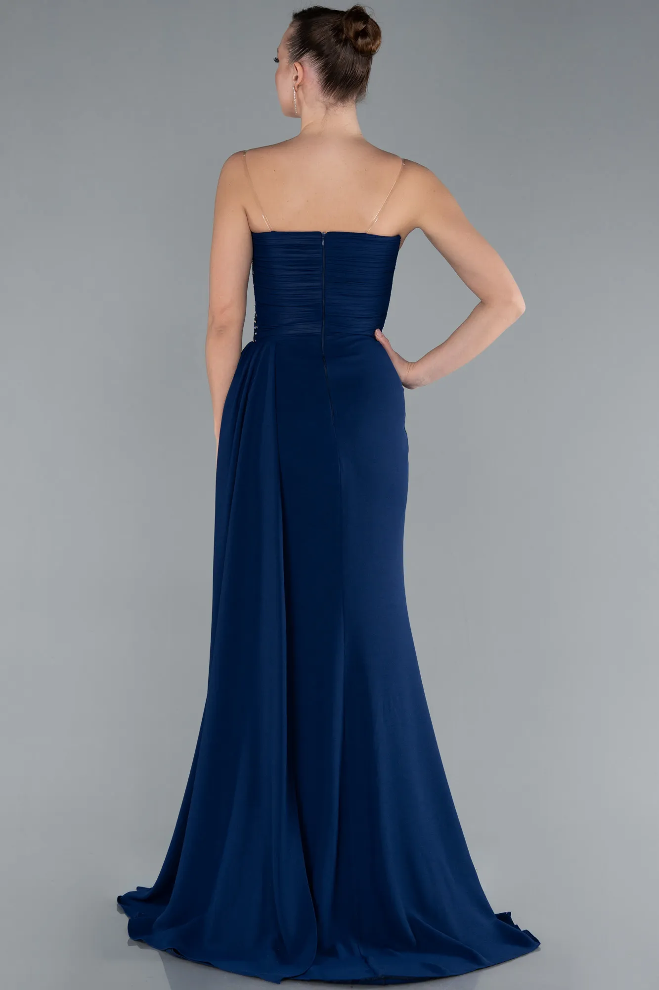 Navy Blue-Strapless Slit Long Prom Dress ABU4729