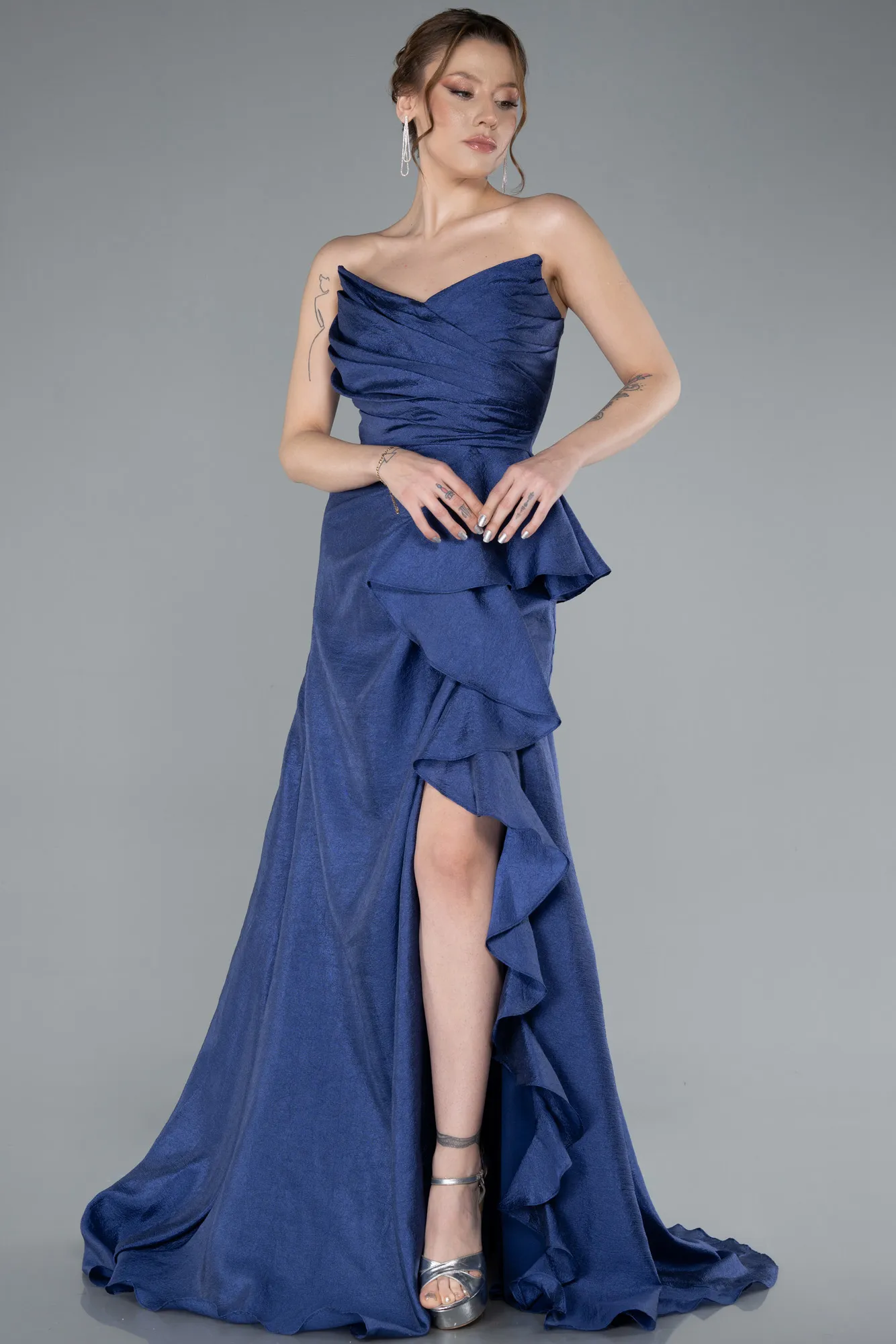 Navy Blue-Strapless Slit Long Prom Dress ABU4784