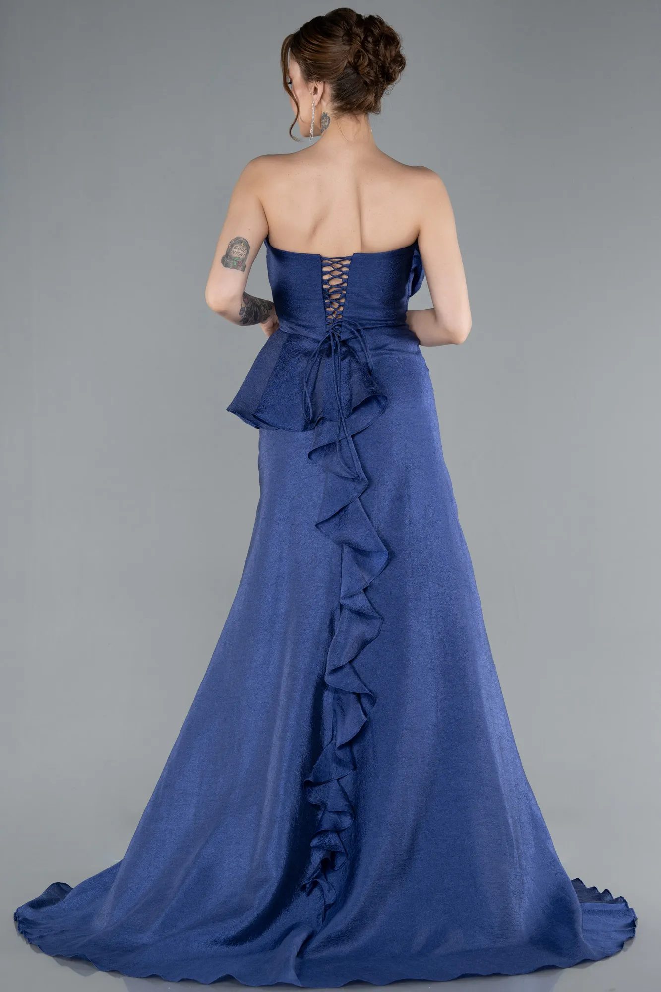 Navy Blue-Strapless Slit Long Prom Dress ABU4784