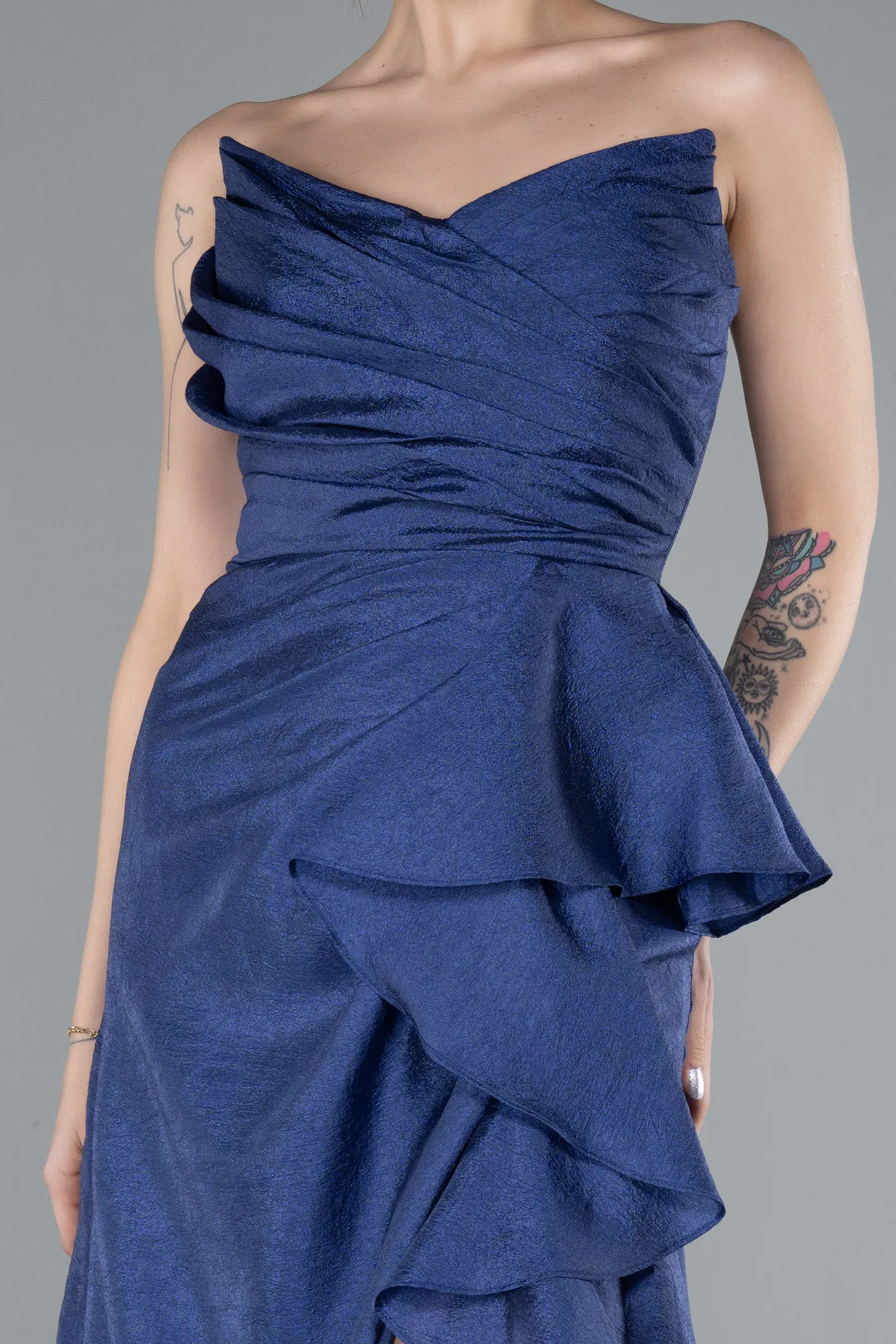 Navy Blue-Strapless Slit Long Prom Dress ABU4784