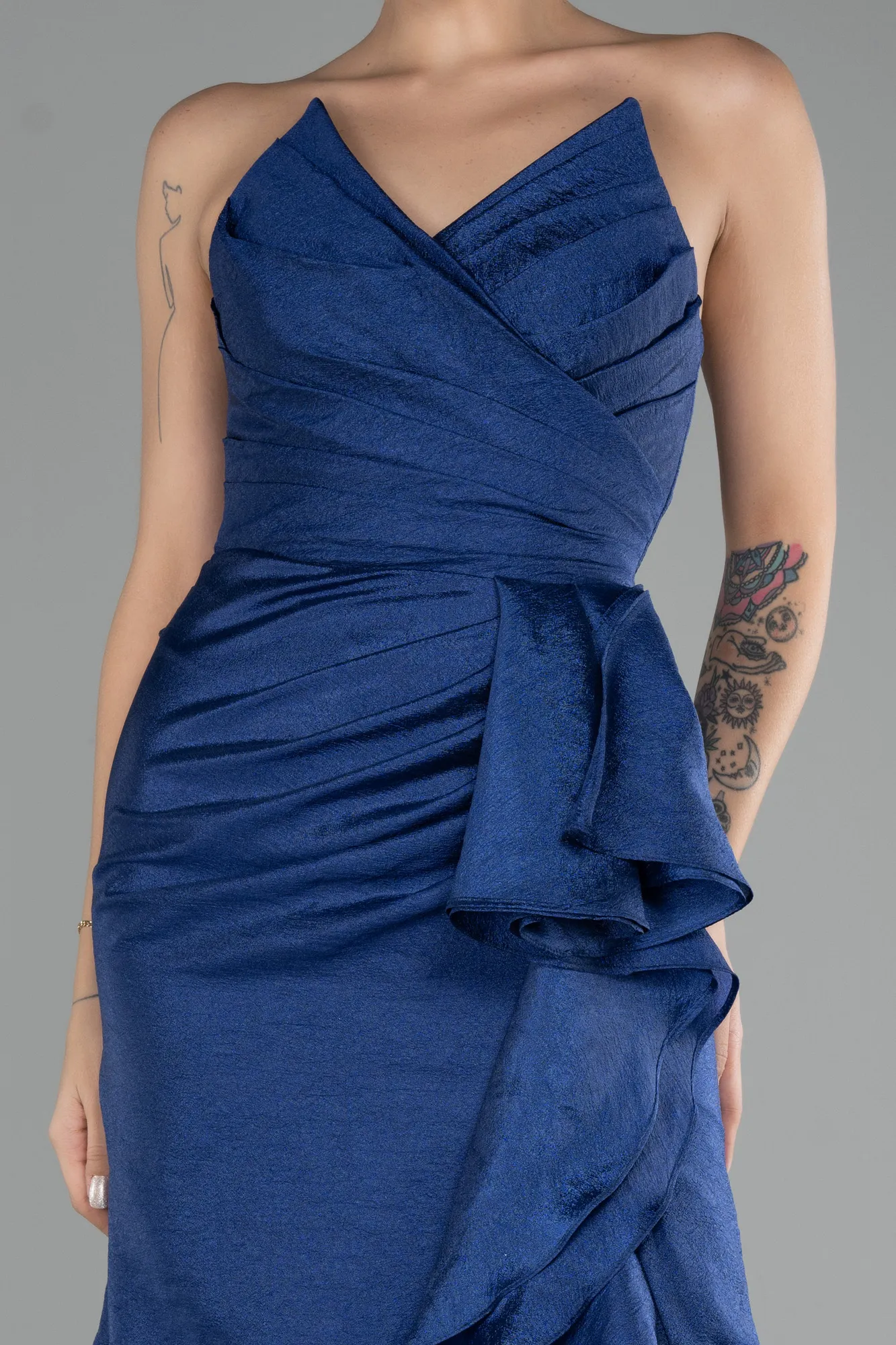 Navy Blue-Strapless Slit Long Prom Gown ABU4247