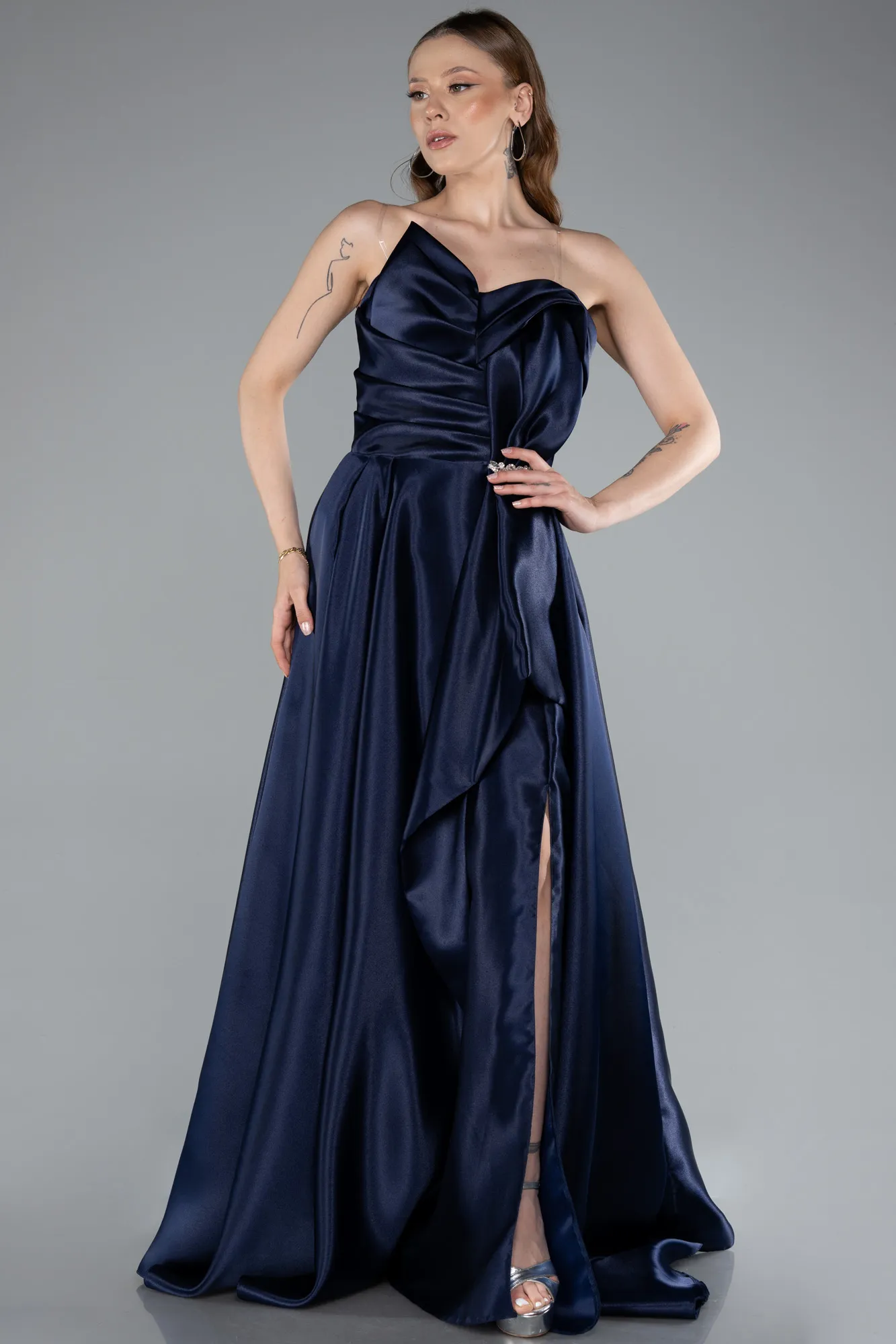 Navy Blue-Strapless Slit Long Satin Prom Dress ABU4561