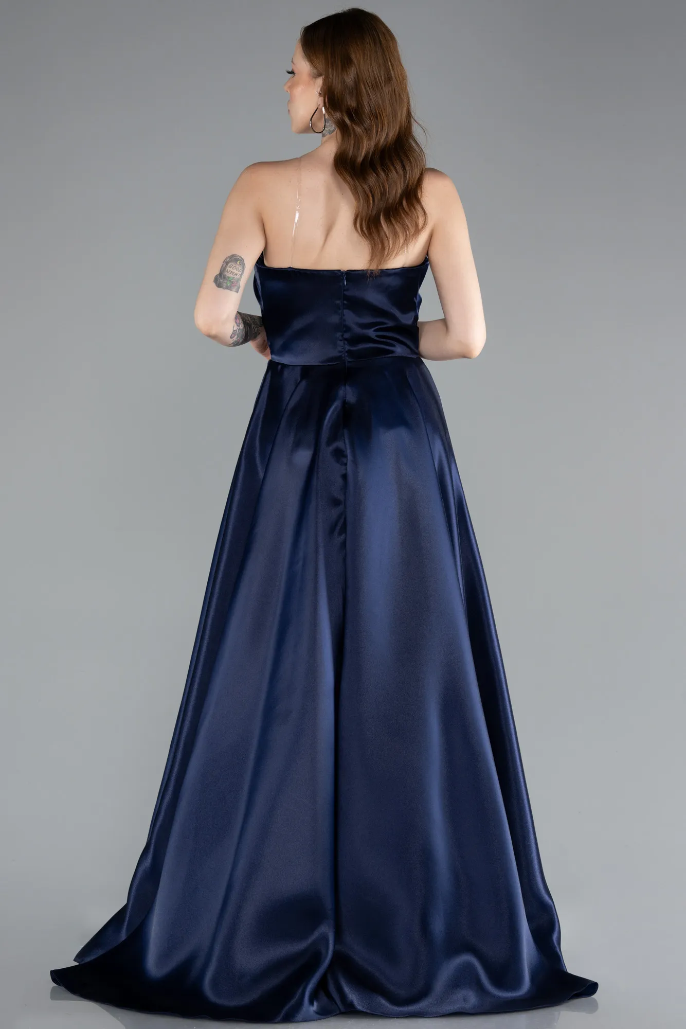 Navy Blue-Strapless Slit Long Satin Prom Dress ABU4561