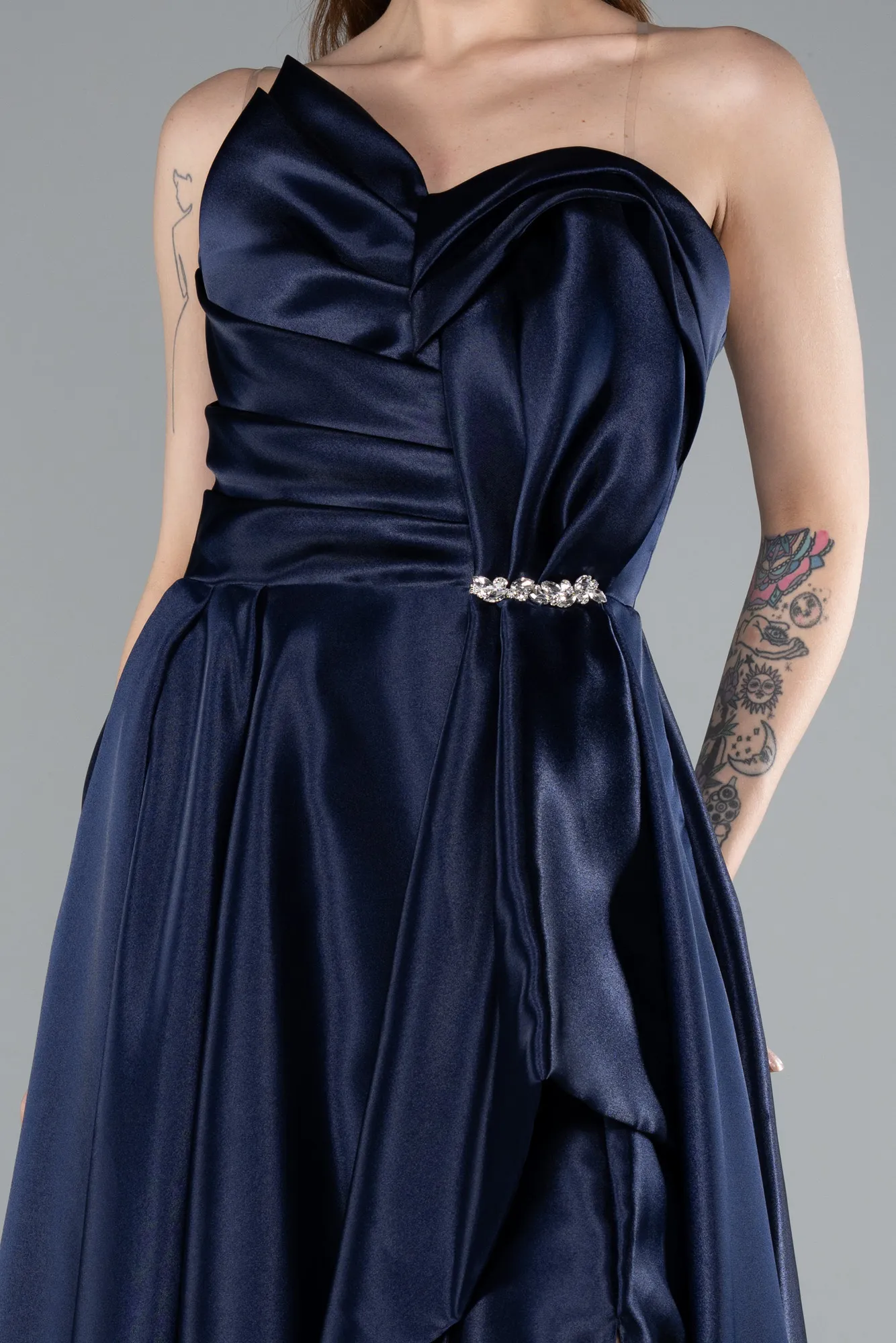 Navy Blue-Strapless Slit Long Satin Prom Dress ABU4561