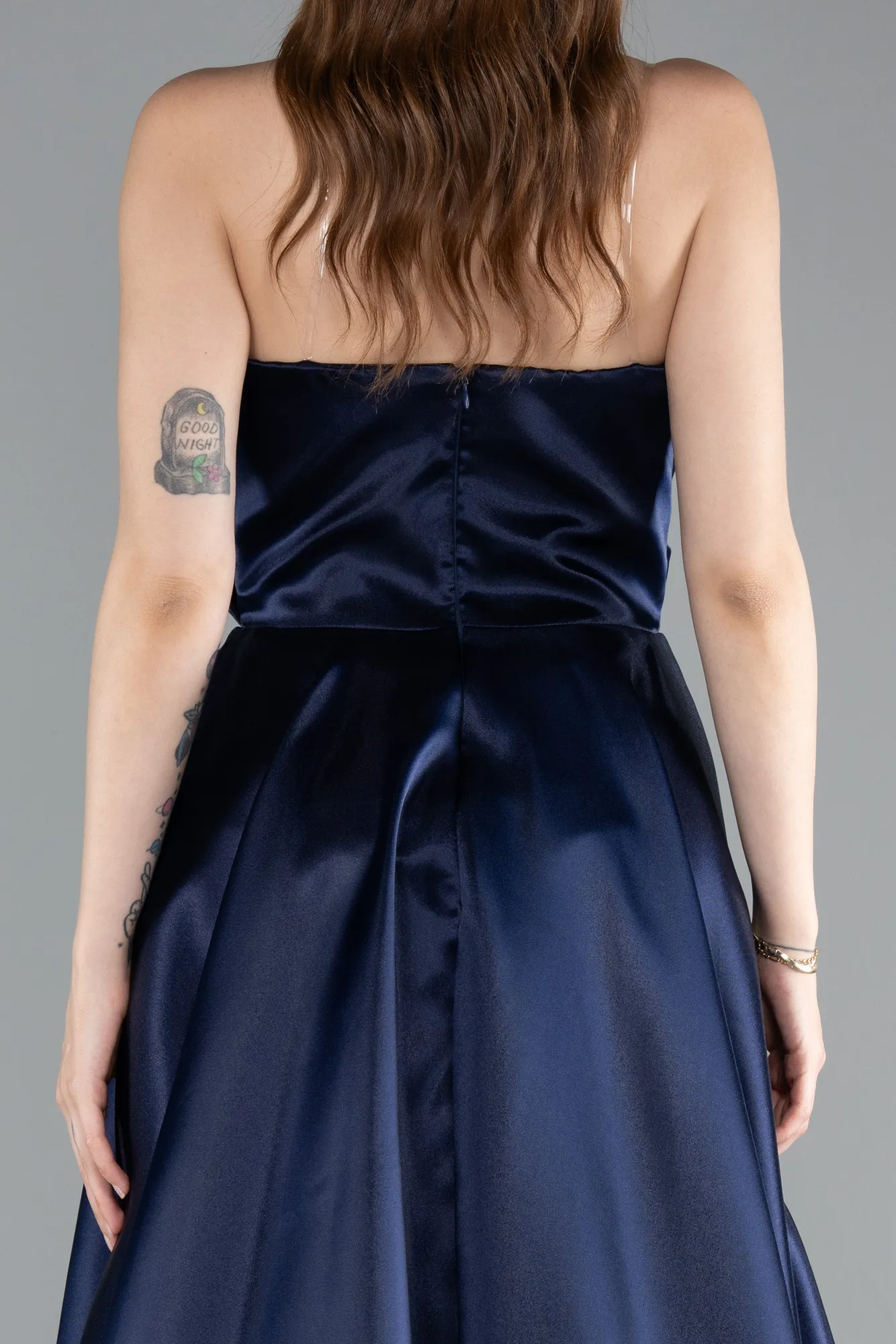 Navy Blue-Strapless Slit Long Satin Prom Dress ABU4561