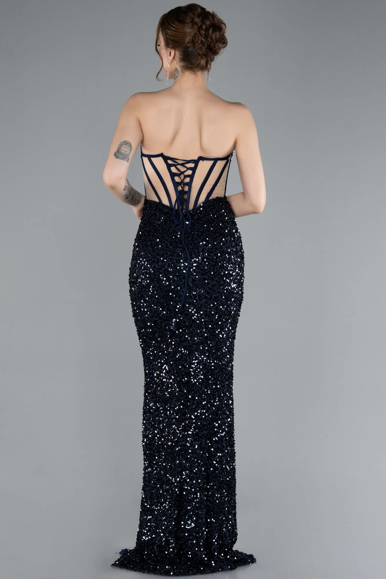 Navy Blue-Strapless Slit Long Scaly Mermaid Prom Dress ABU4790