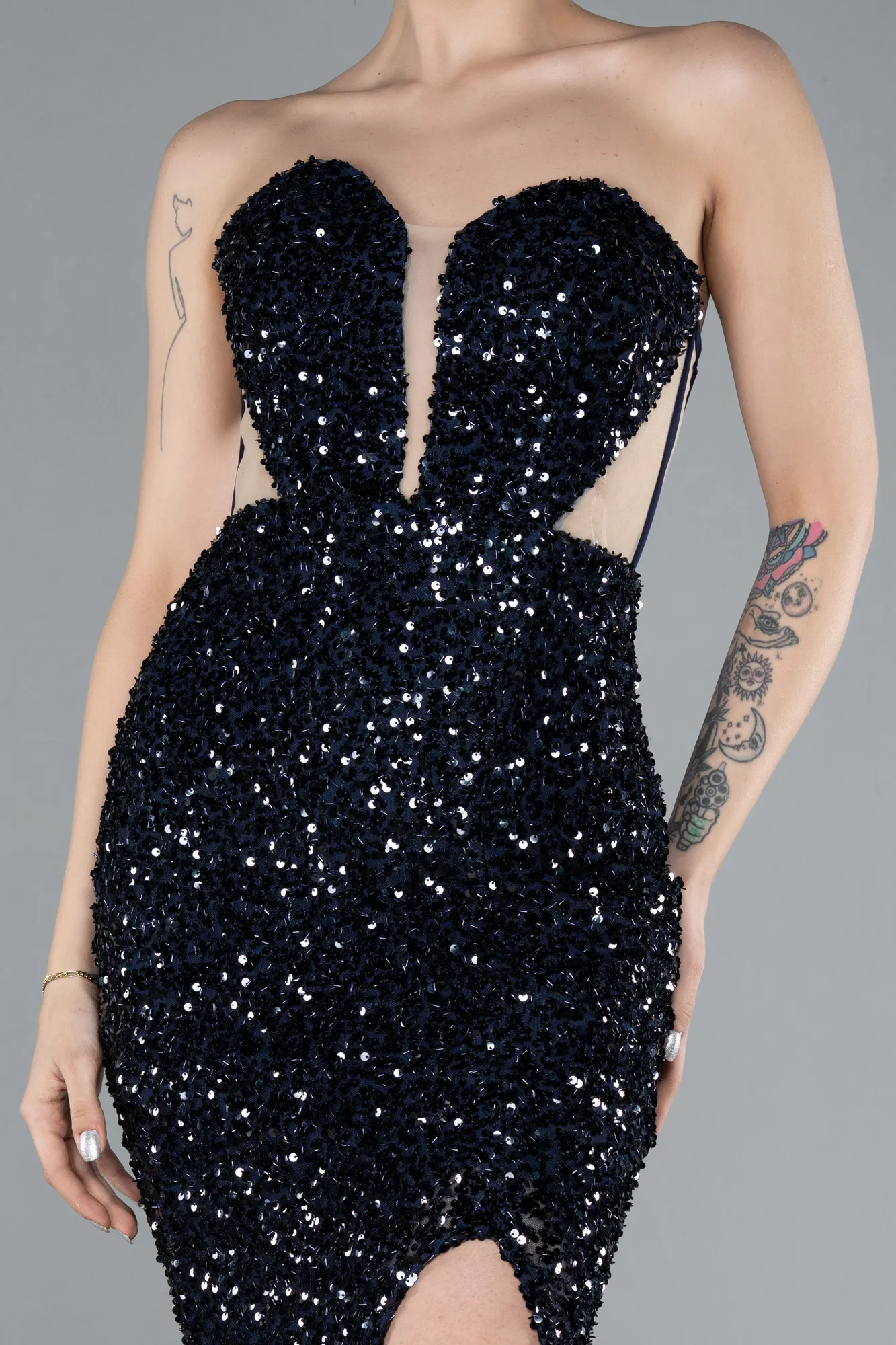 Navy Blue-Strapless Slit Long Scaly Mermaid Prom Dress ABU4790